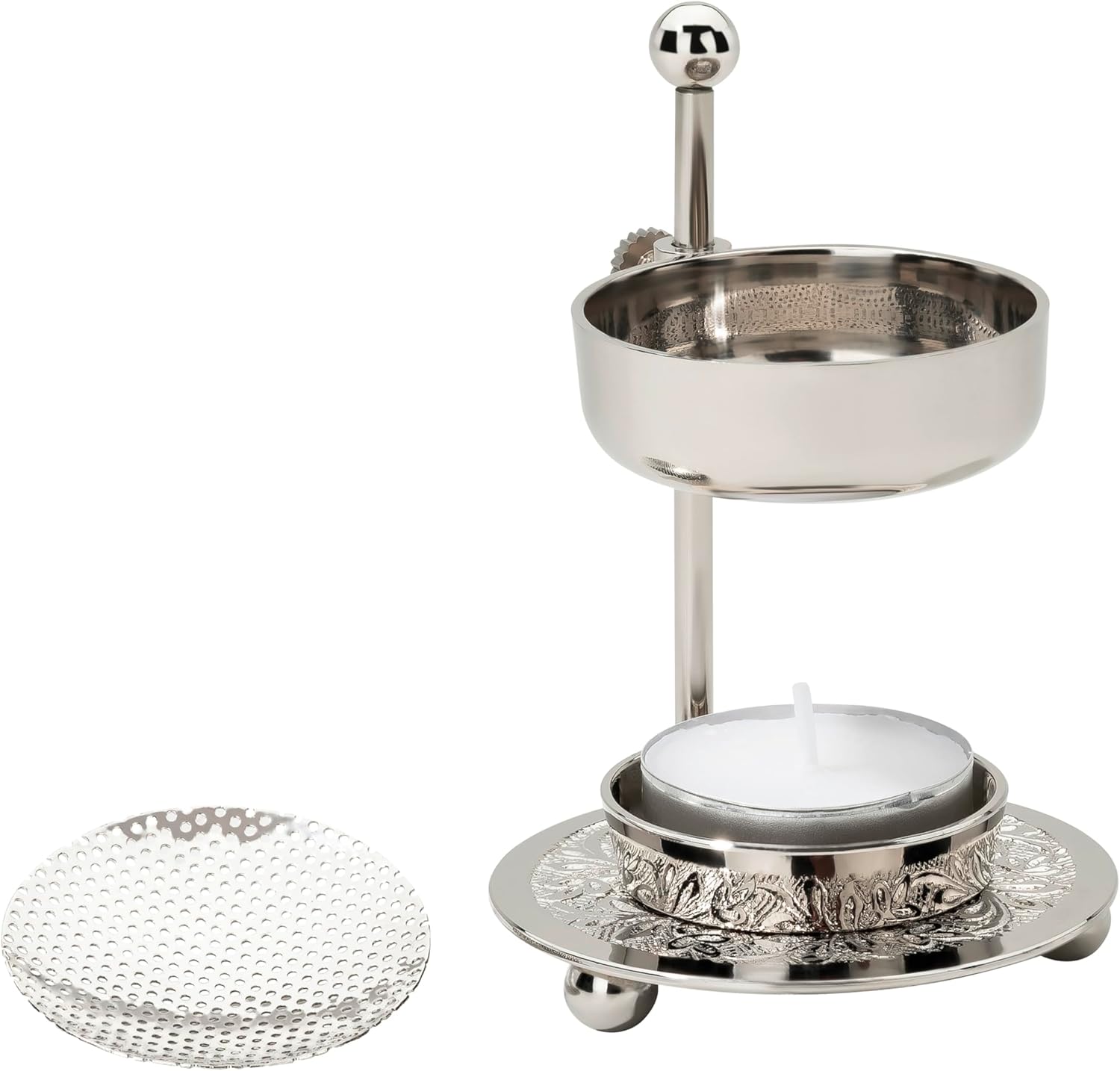 Premium Handmade Nickel-Plated Brass Incense Burner with Adjustable Height 433 Inch - Includes Screen and Tealight