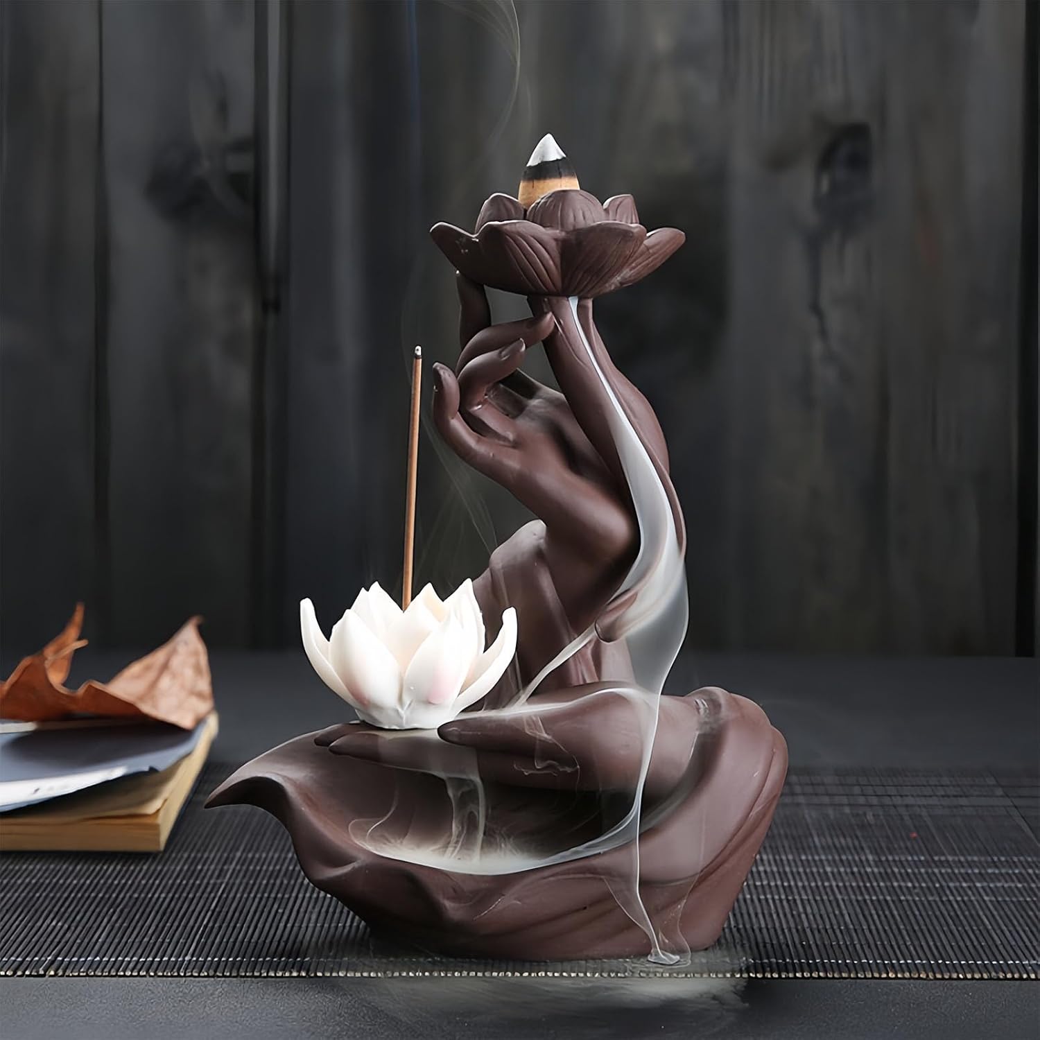 Lotus in Hand Backflow Incense Burner with 50 Sandalwood Cones and 40 Sticks