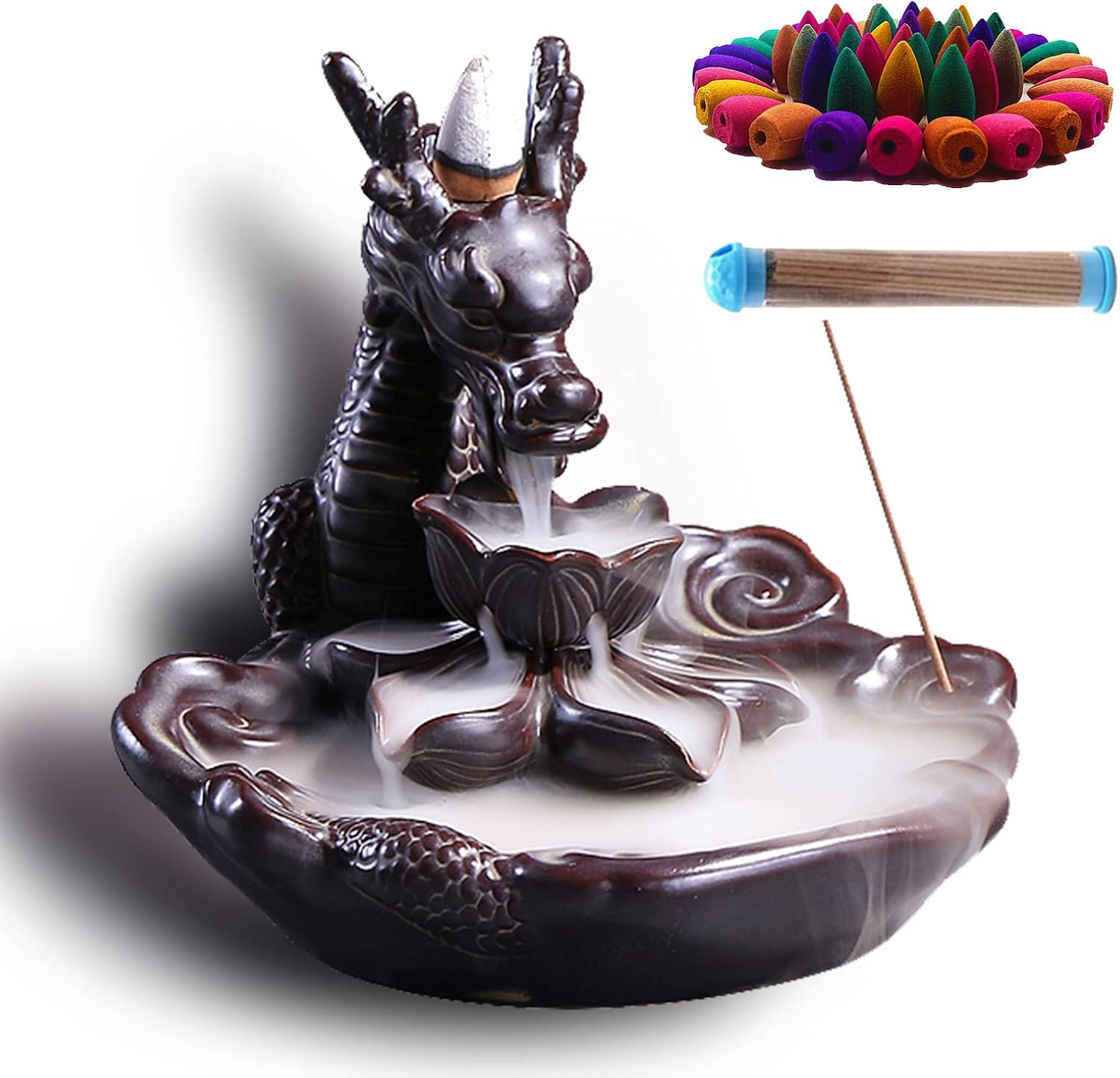 Dragon Incense Burner with Waterfall Effect and Decorative Design
