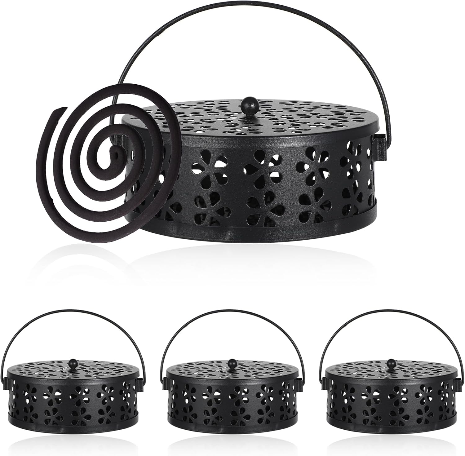 Tobeelec 4 Pcs Mosquito Coil Holder Outdoor Metal Incense Burner Holder with Handle Black Round Design