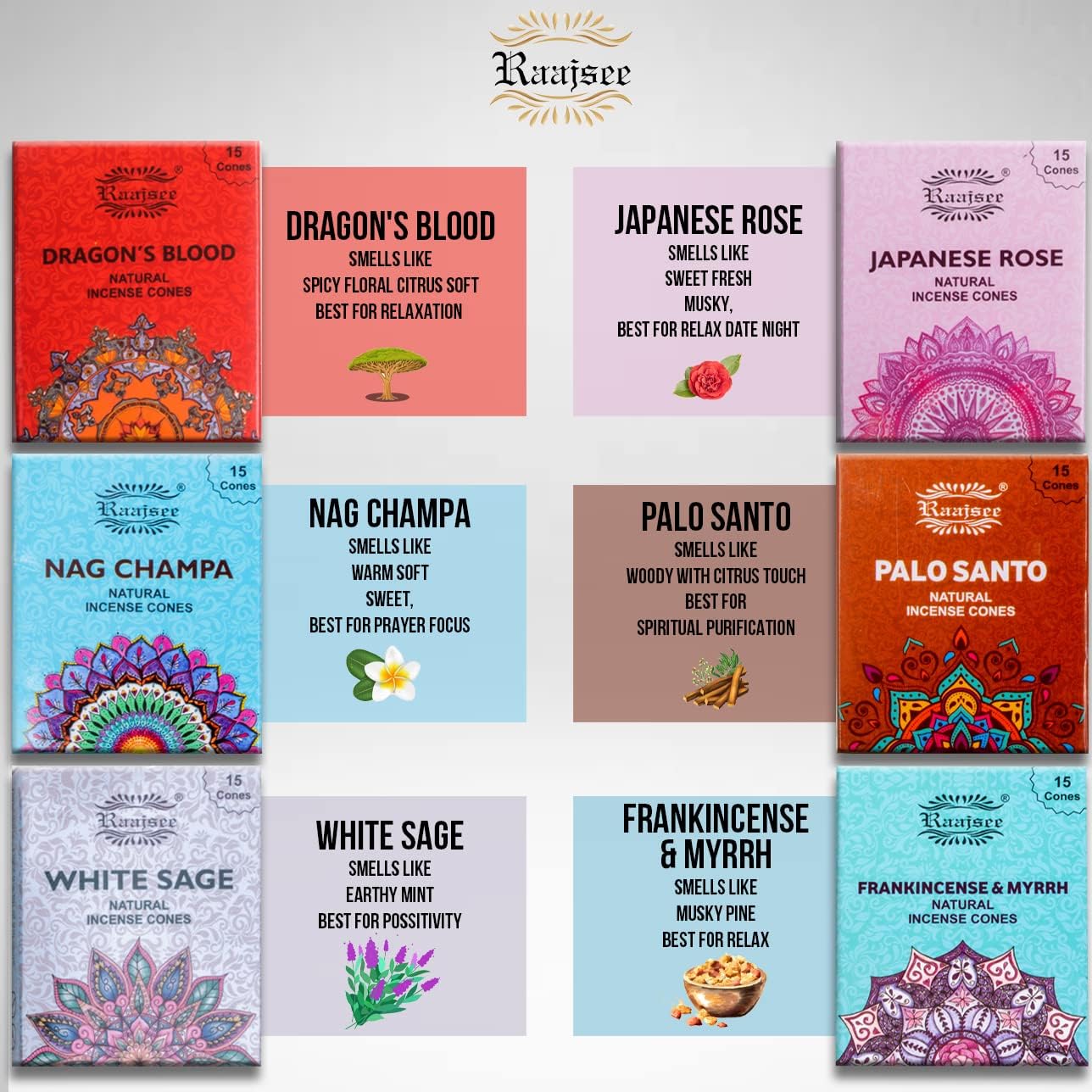 Raajsee Natural Incense Cones Variety Pack 6x15 1