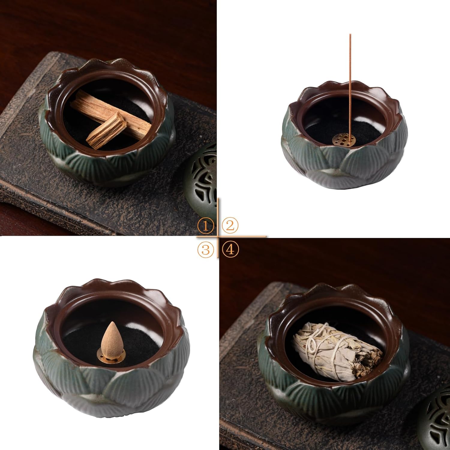 Lotus Incense Burner Set in Green Ceramic