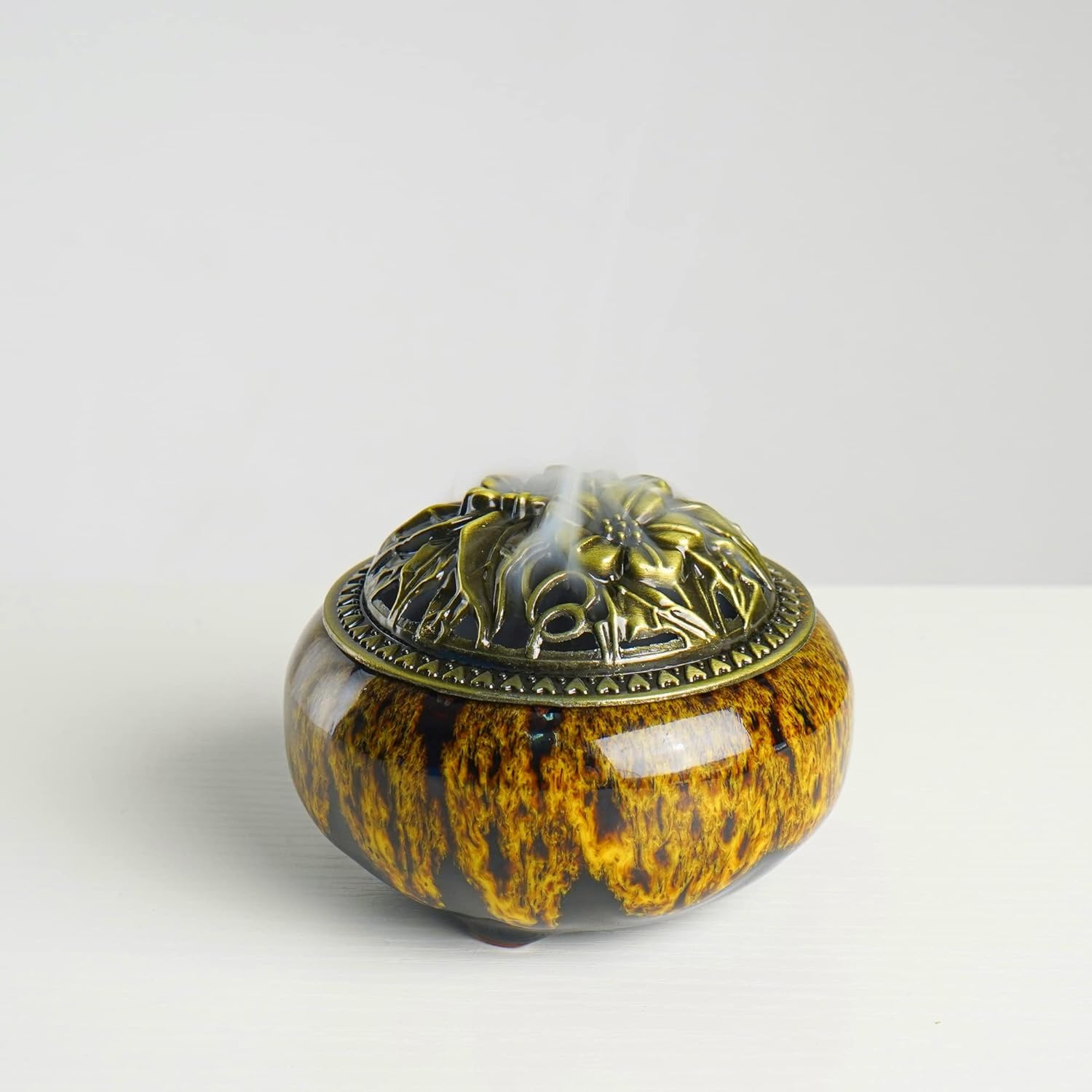 LamDawn Incense Burner with Calabash Holder - Kiln-Colored Yellow Porcelain
