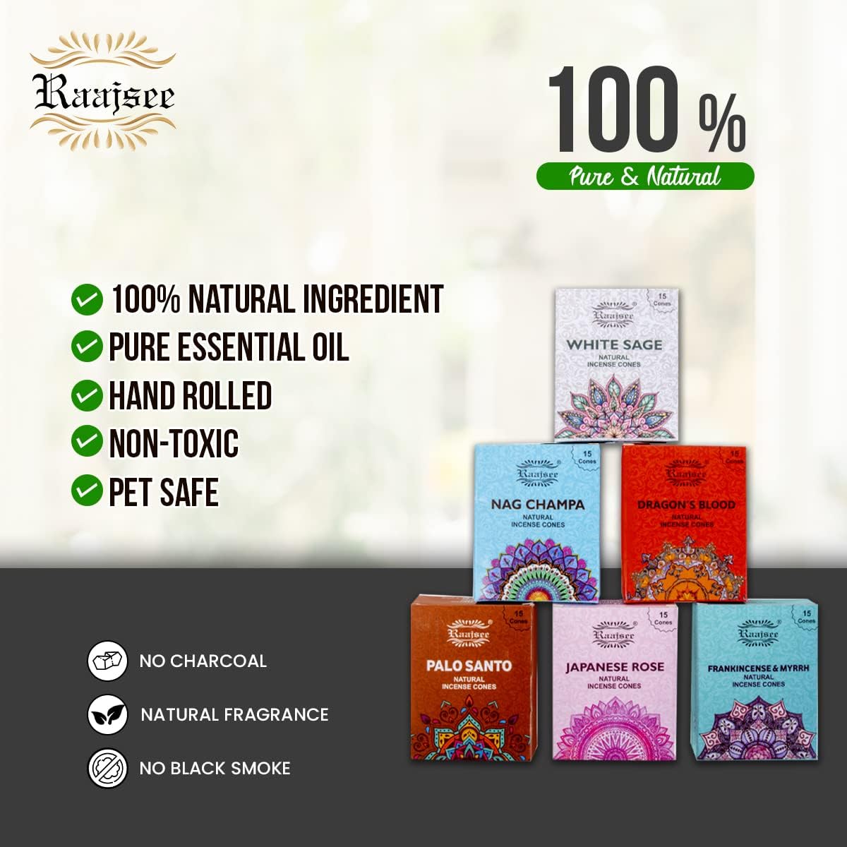 Raajsee Natural Incense Cones Variety Pack 6x15