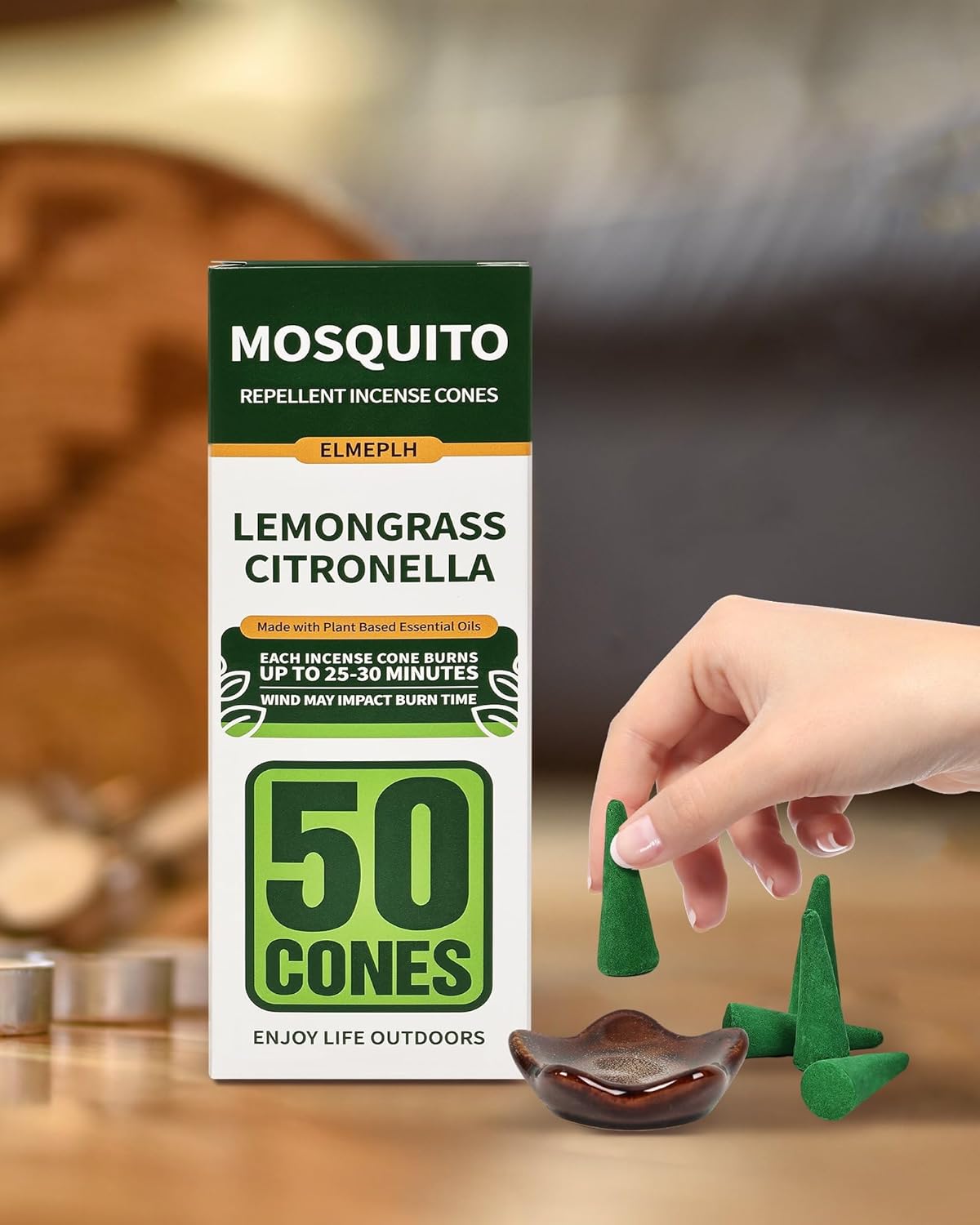 50 Pcs Citronella Incense Cones with 2 Ceramic Dishes