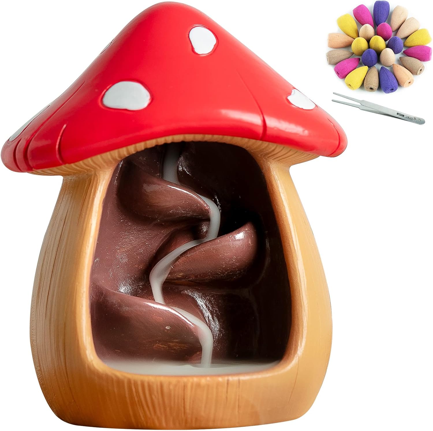 Cute Mushroom Incense Holder with 60 Cones Brown