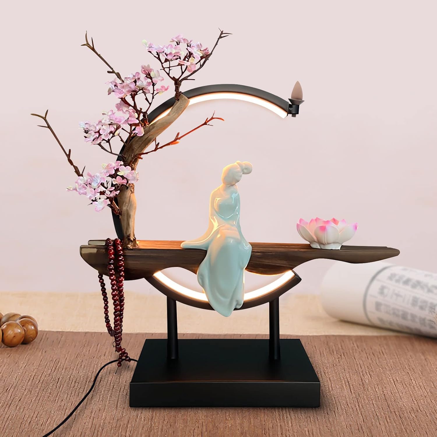 Lotus Flower Backflow Incense Holder with LED Light Ceramic Hand-Made Burner Moon Style Design for Home Office Decor