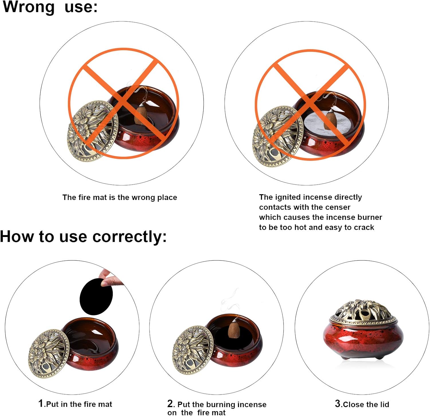 Ceramic Incense Burner with Lid and Brass Holder