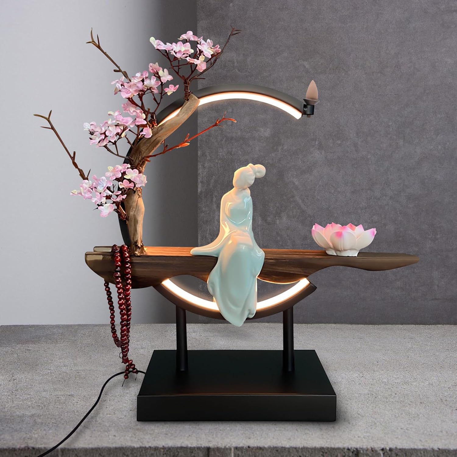 Lotus Flower Backflow Incense Holder with LED Light Ceramic Hand-Made Burner Moon Style Design for Home Office Decor