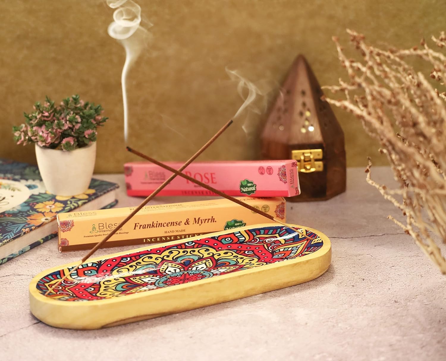 Yajna Traditional Handmade Incense Stick and Cone Holder Burner Ash Catcher Stand Wooden Tray Holder Mandala