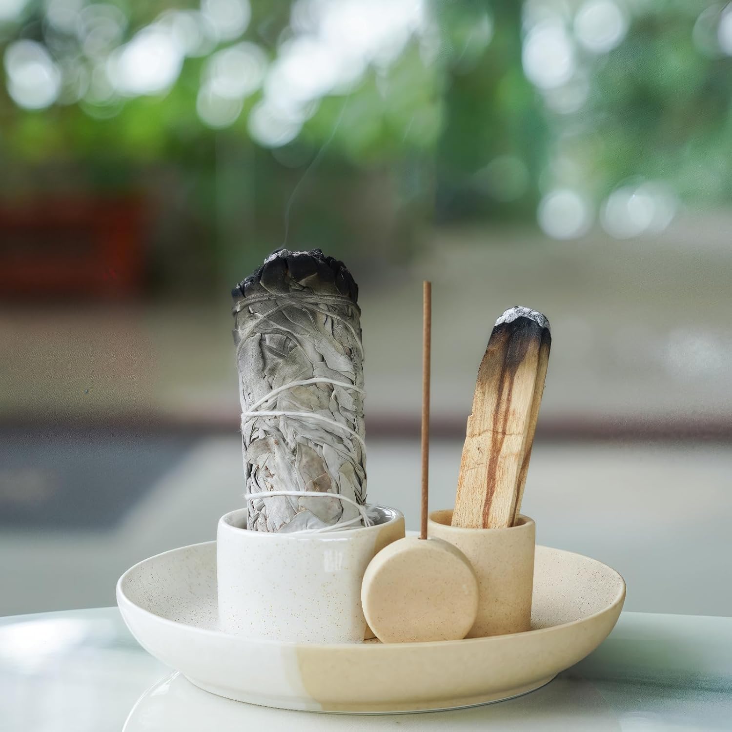 4 in 1 Incense Holder with Ash Catcher Tray - White Sand Ceramic Design