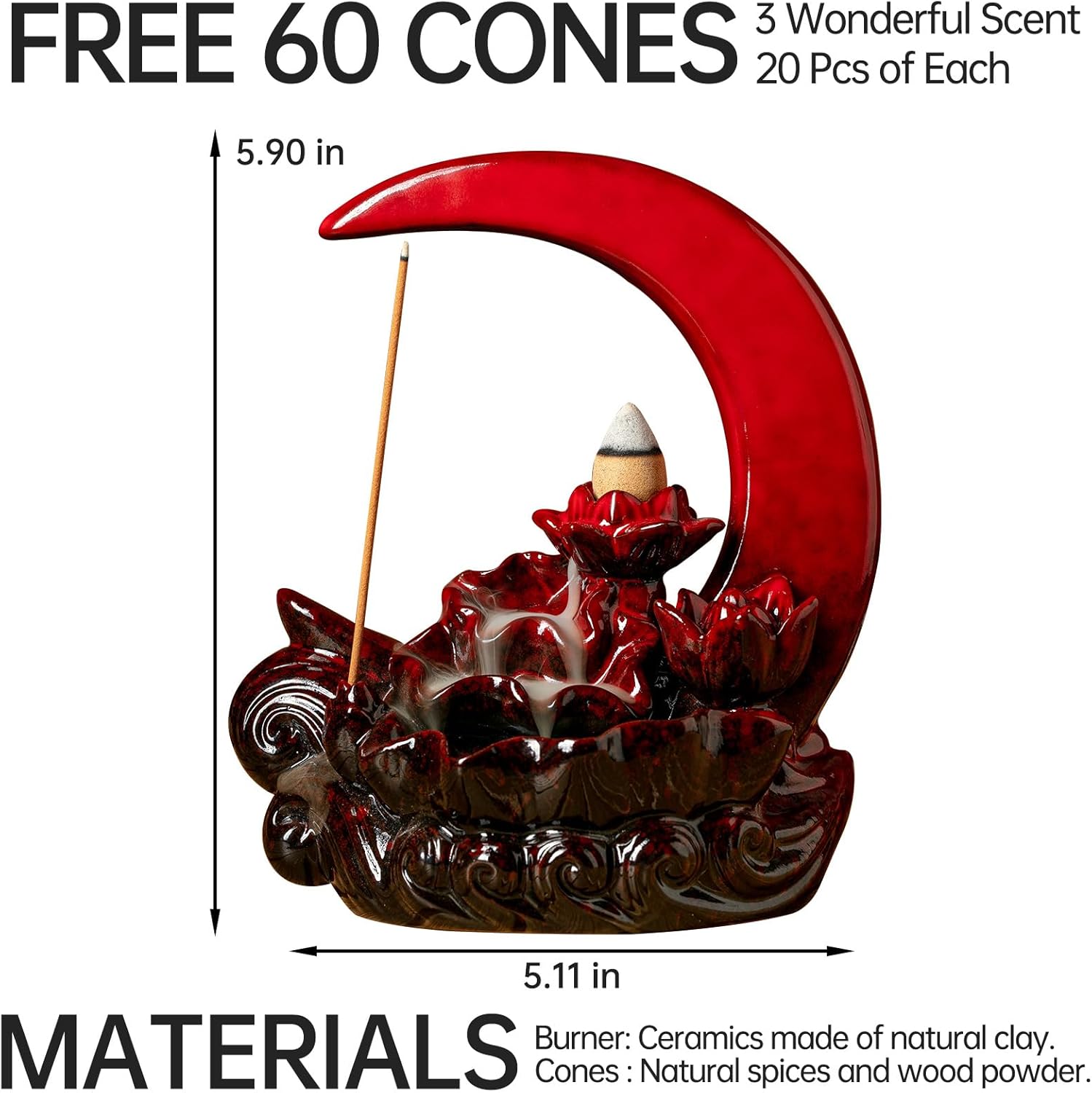 Moon Incense Burner with 60 Cones and 30 Sticks Red
