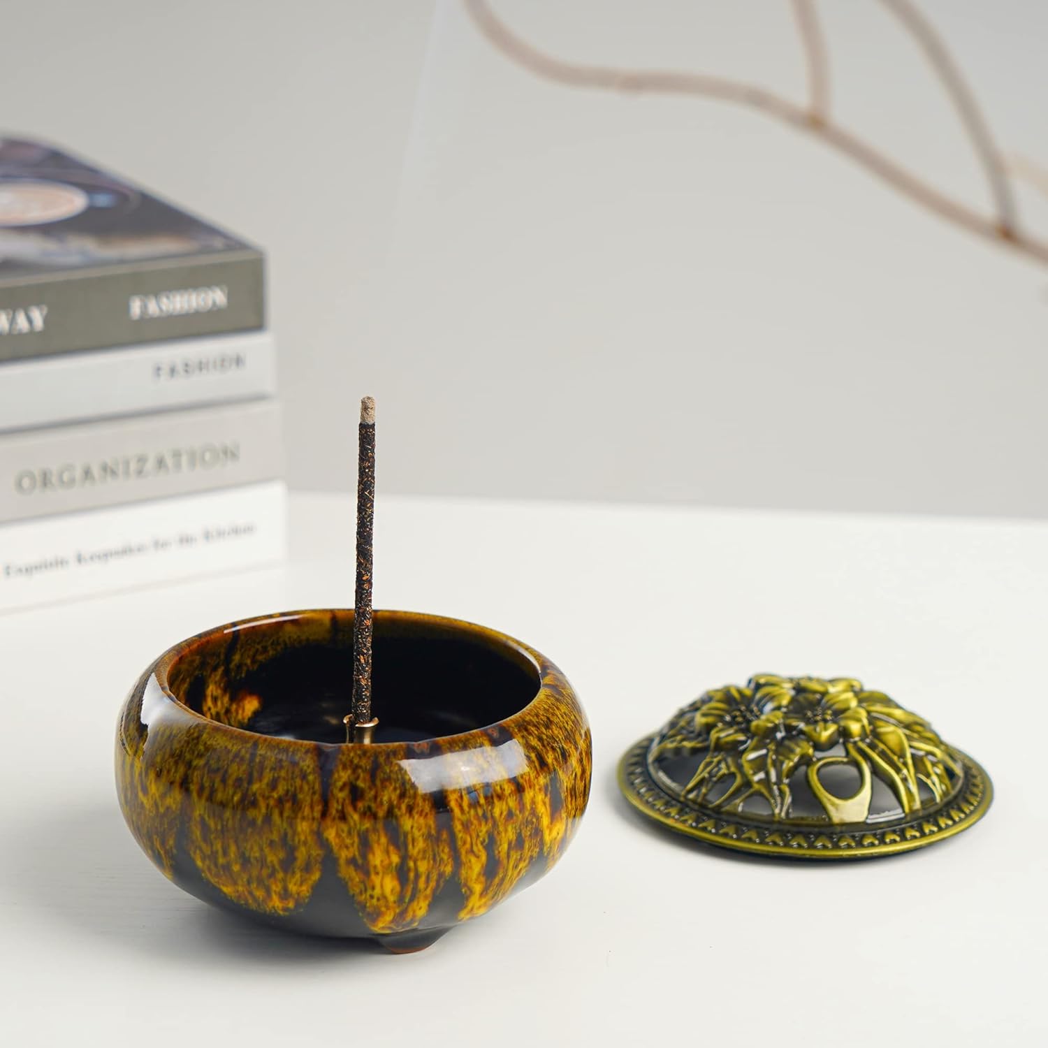 LamDawn Incense Burner with Calabash Holder - Kiln-Colored Yellow Porcelain