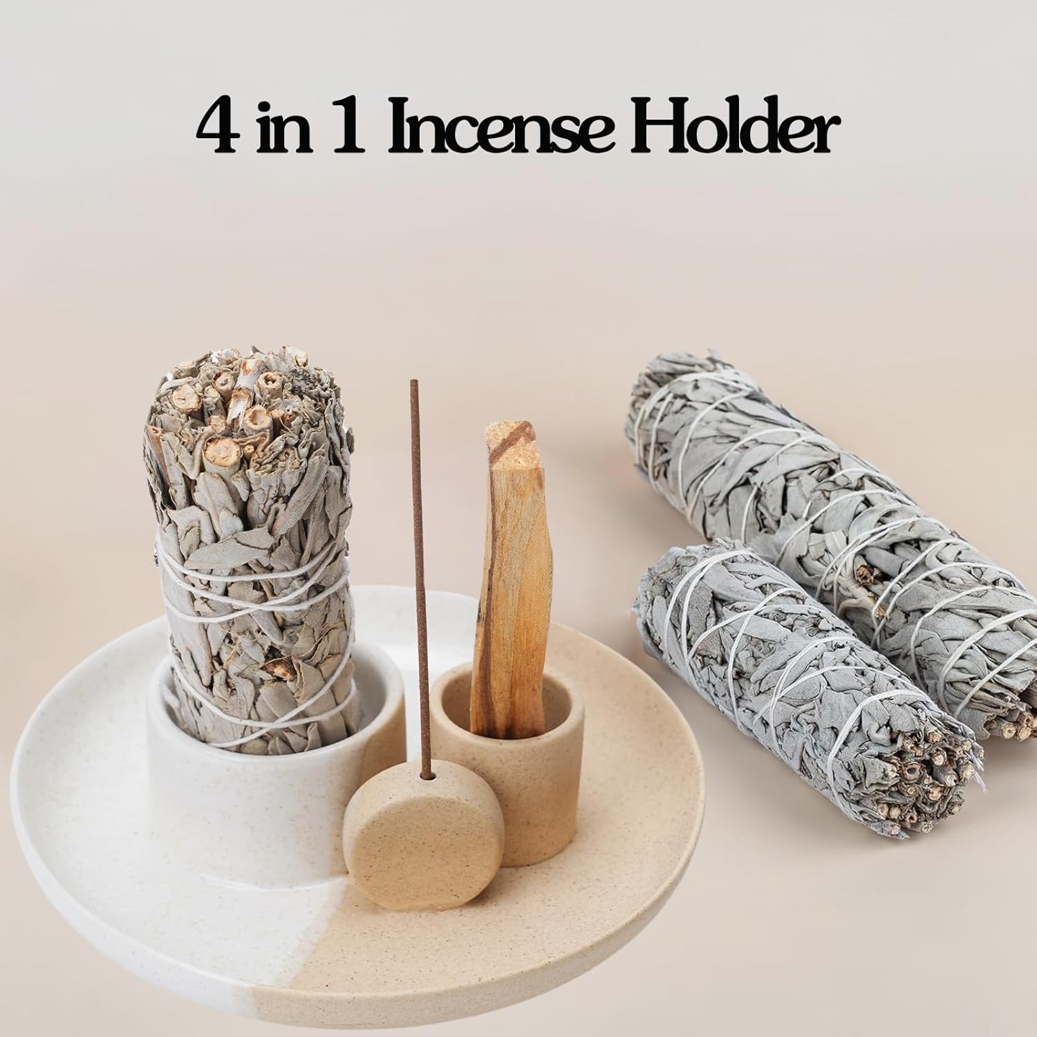 4 in 1 Incense Holder with Ash Catcher Tray - White Sand Ceramic Design