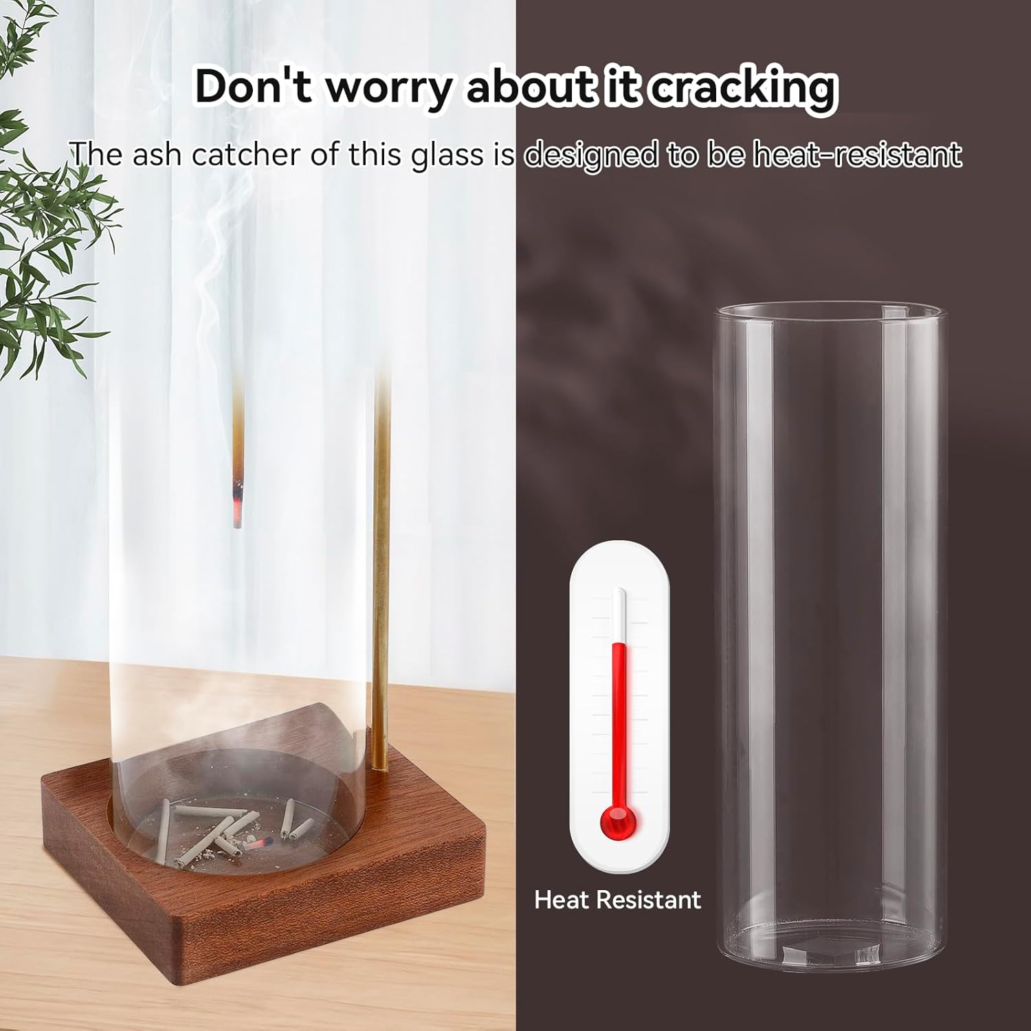 1 Pack Incense Holder for Sticks Anti-Ash Flying Walnut Wood Base Brass Stand Removable Glass Ash Catcher