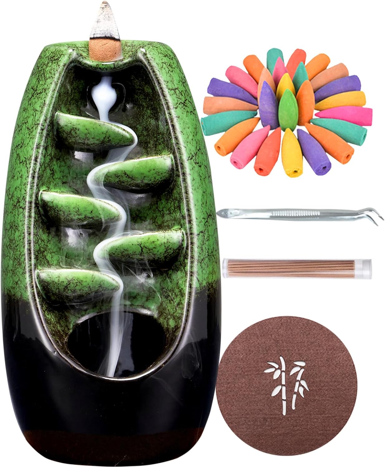 SPACEKEEPER Ceramic Incense Burner with Waterfall Effect and 120 Cones 30 Sticks