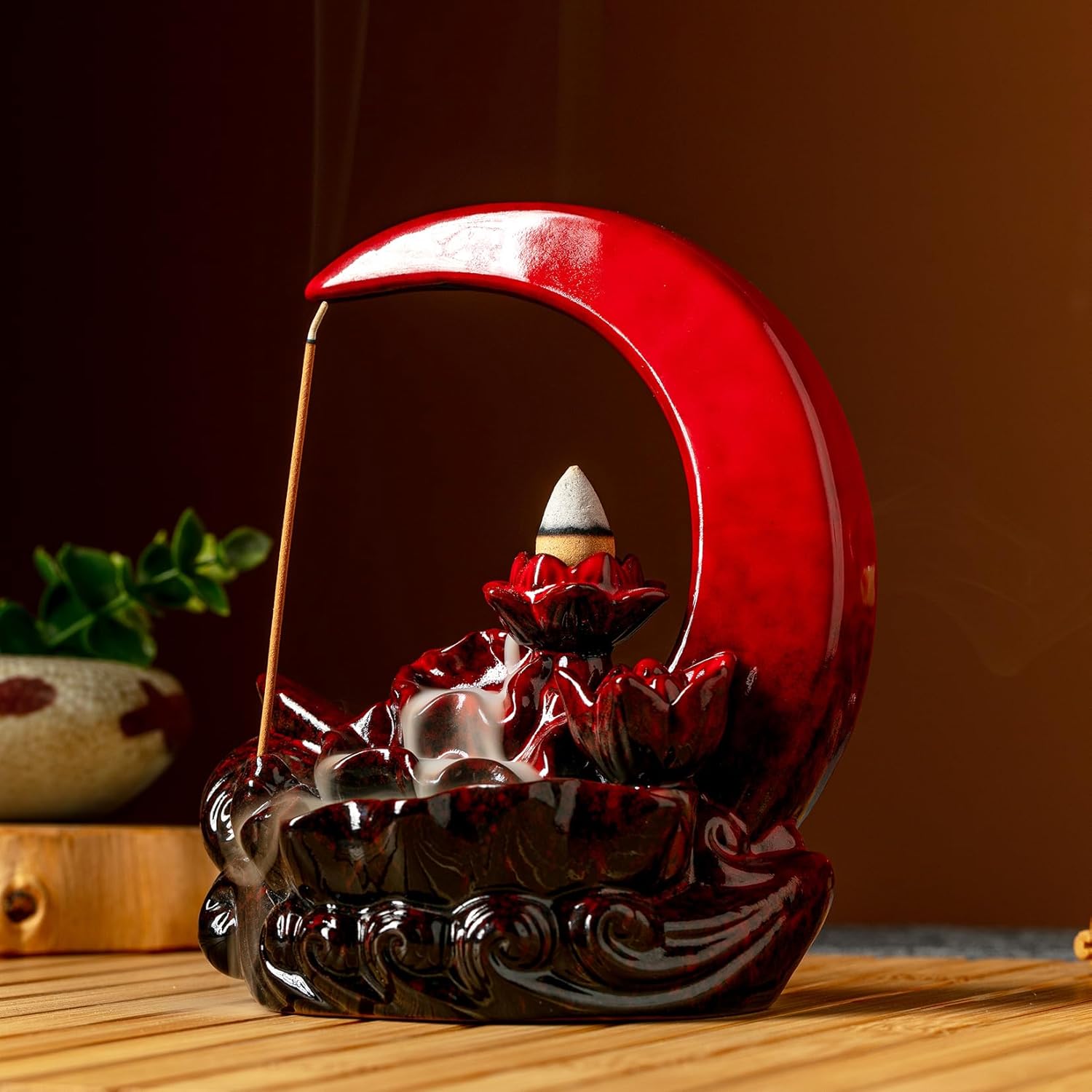 Moon Incense Burner with 60 Cones and 30 Sticks Red