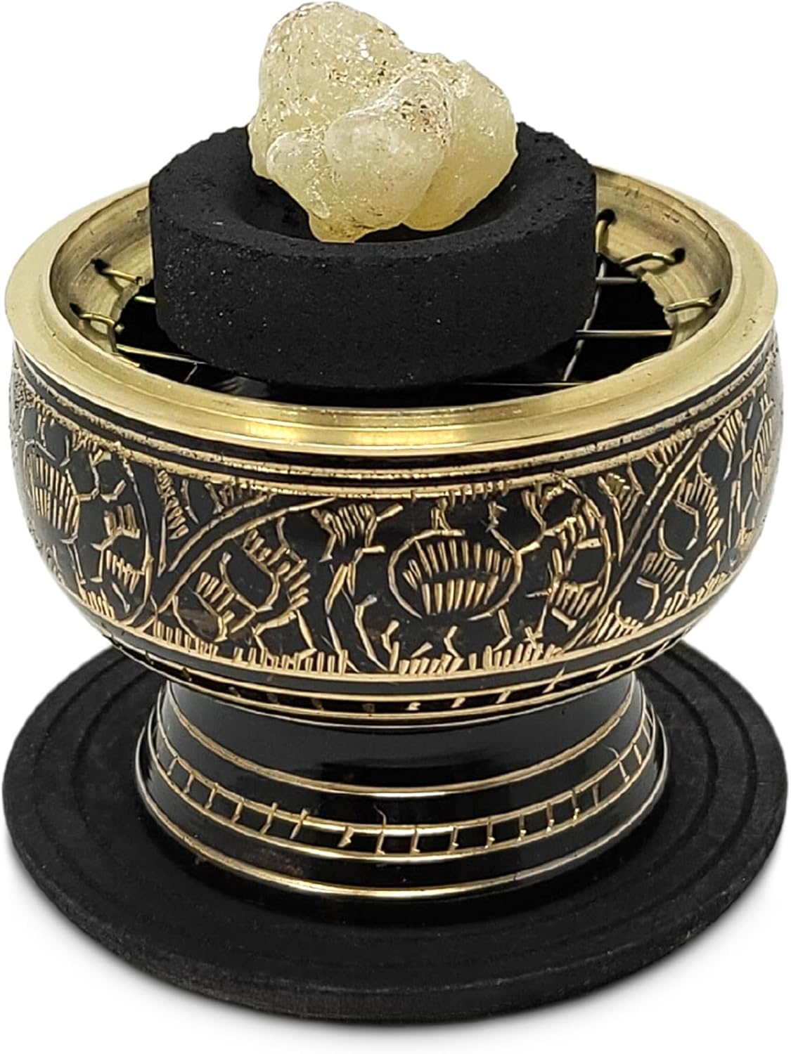 India Small Decorated Brass Incense Burner with Wooden Coaster