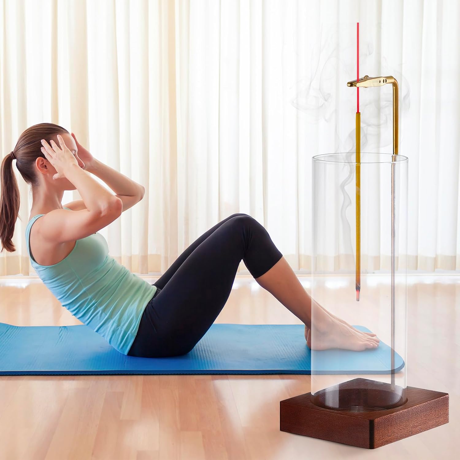 1 Pack Incense Holder for Sticks Anti-Ash Flying Walnut Wood Base Brass Stand Removable Glass Ash Catcher