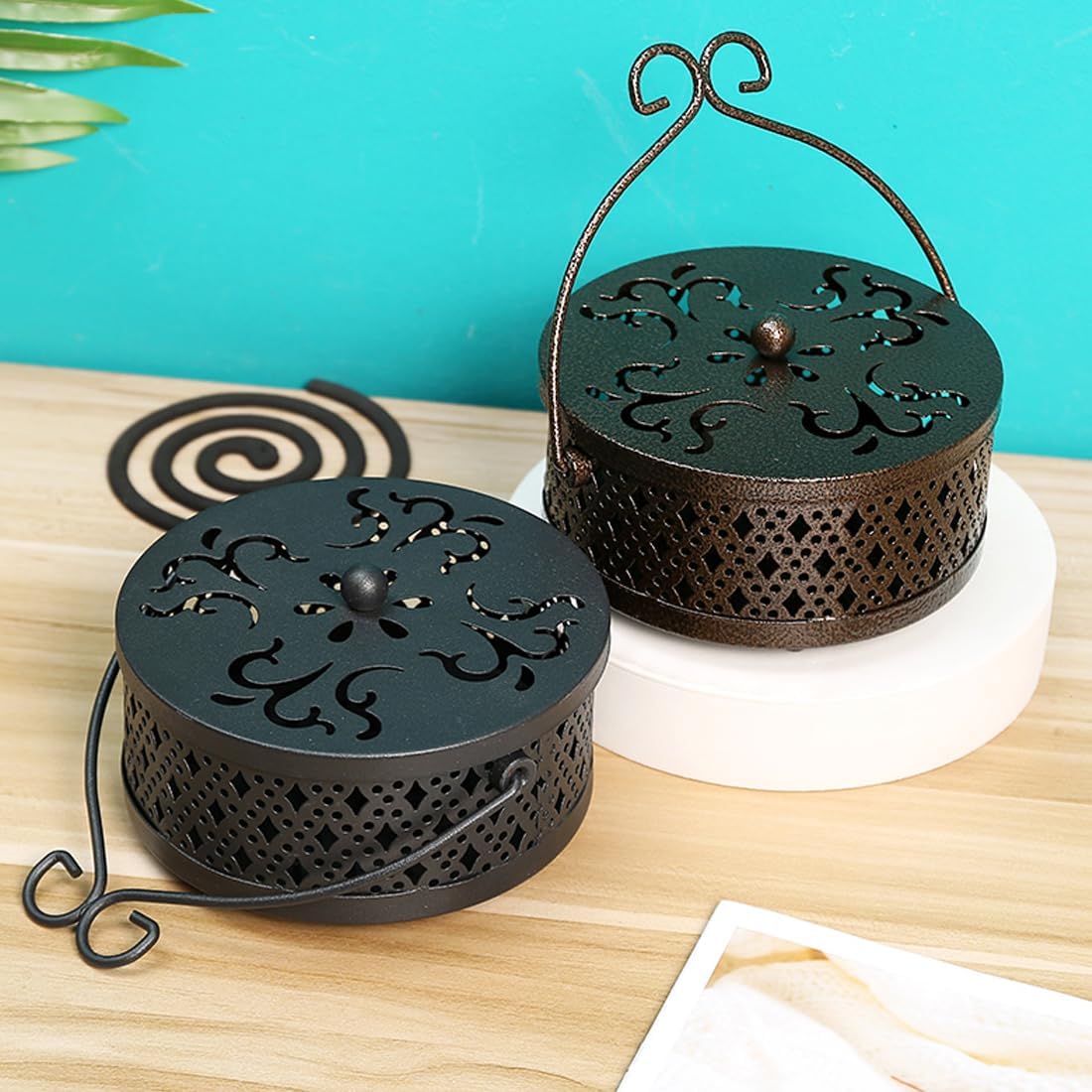 Portable Mosquito Incense Holder Box with Lid and Handle Black