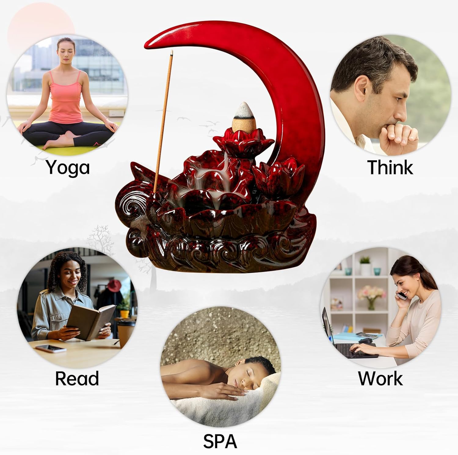 Moon Incense Burner with 60 Cones and 30 Sticks Red