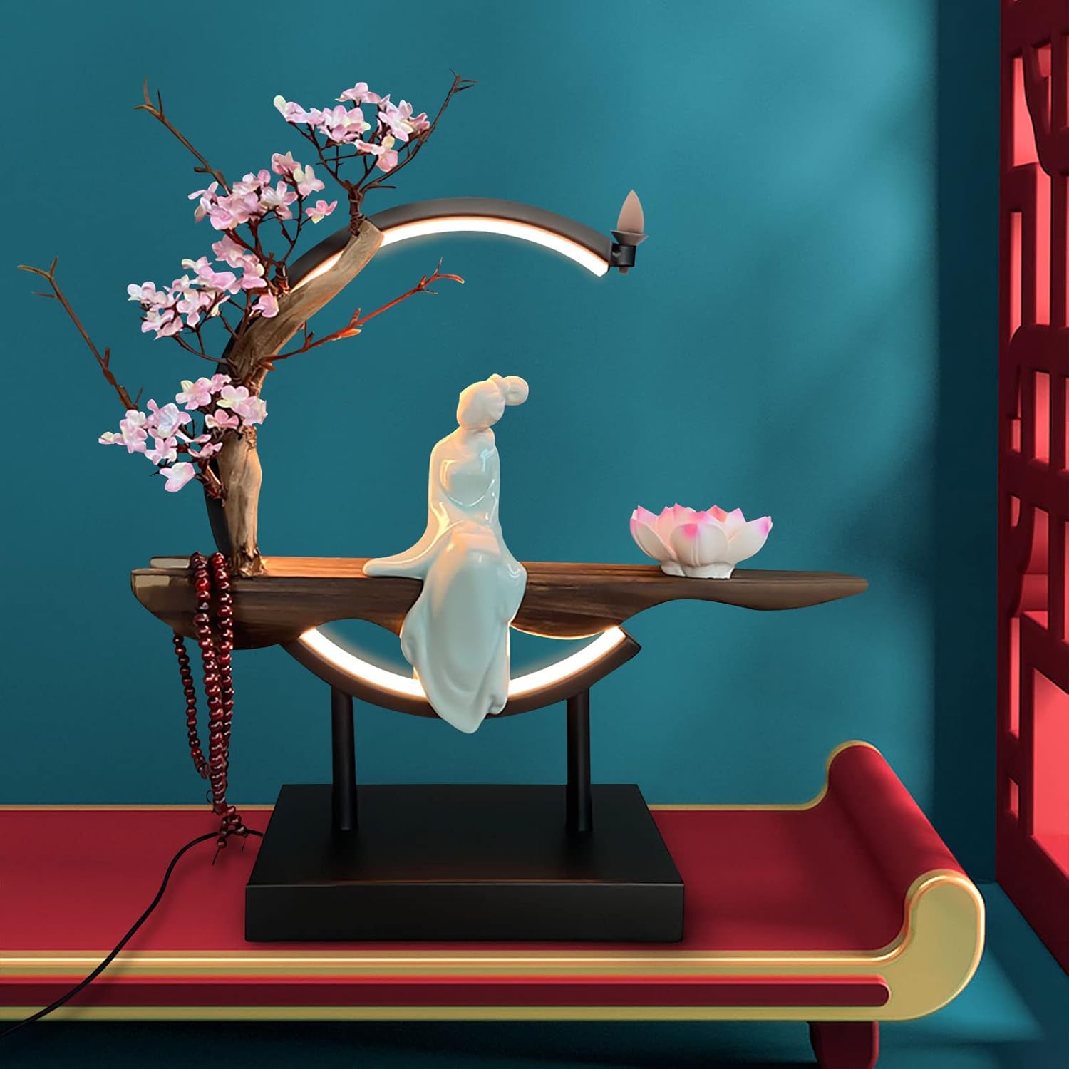 Lotus Flower Backflow Incense Holder with LED Light Ceramic Hand-Made Burner Moon Style Design for Home Office Decor