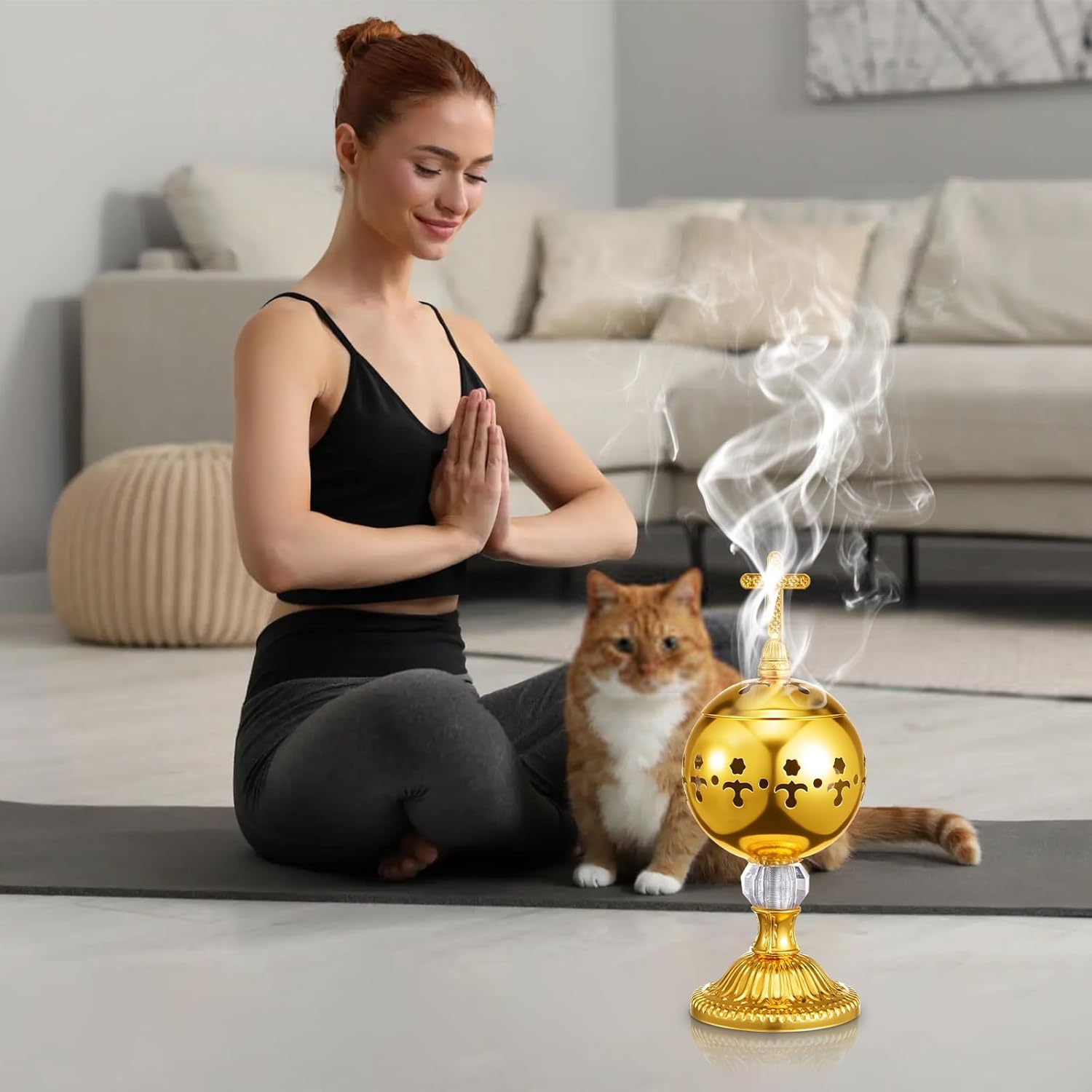 Traditional Incense Burner - Gold Charcoal Censer with Clip