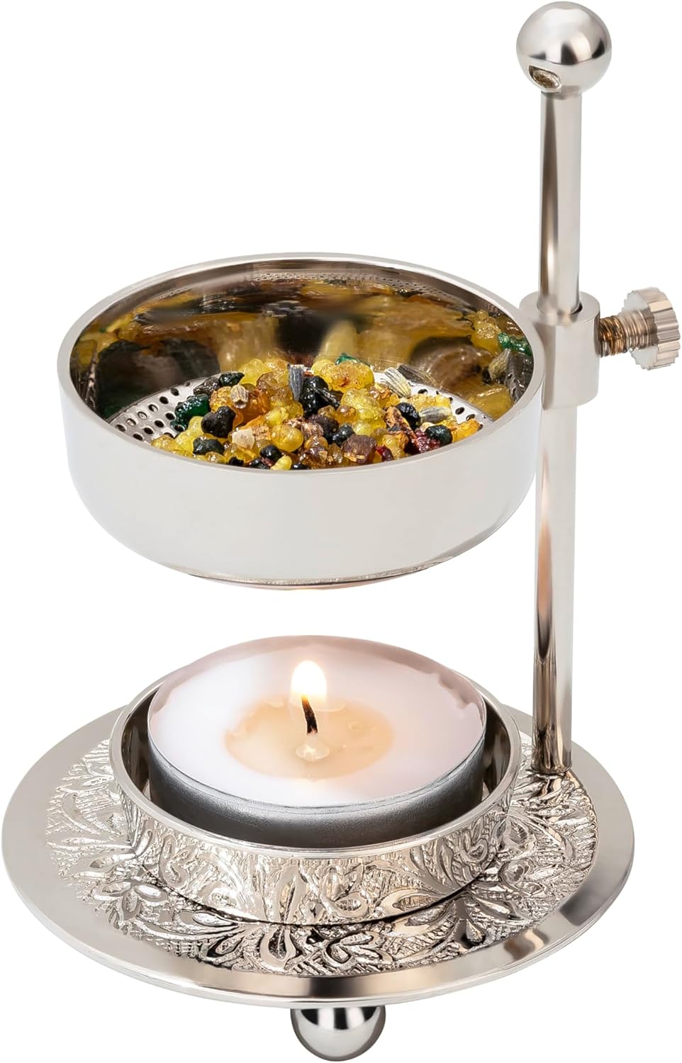 Premium Handmade Nickel-Plated Brass Incense Burner with Adjustable Height 433 Inch - Includes Screen and Tealight