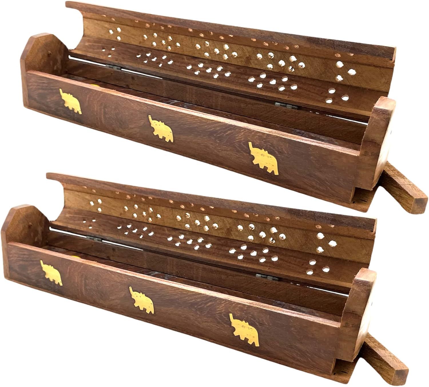 2 Pack Wooden Coffin Incense Burner with Brass Inlays and Storage Compartment