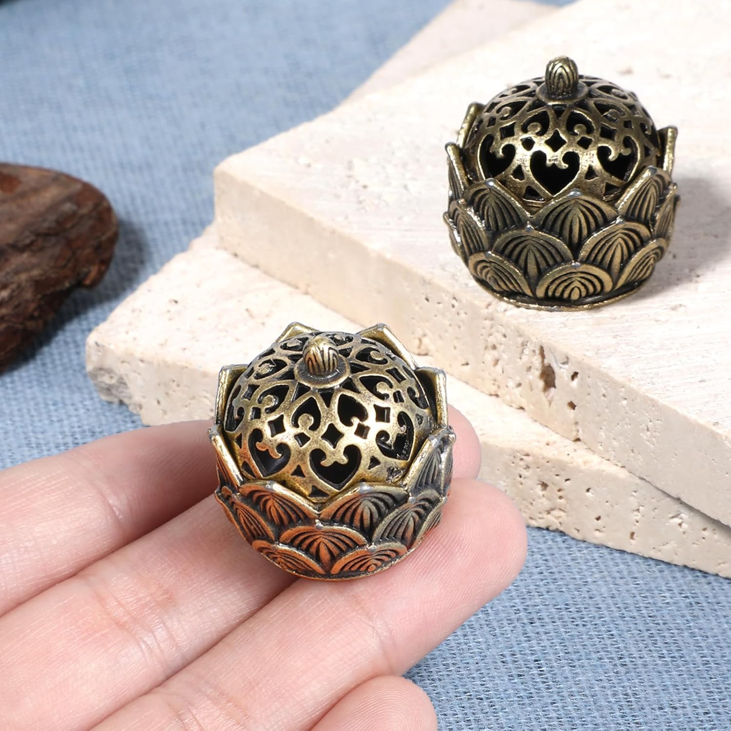 2 Pack Brass Lotus Incense Holders with Lid for Home Decor