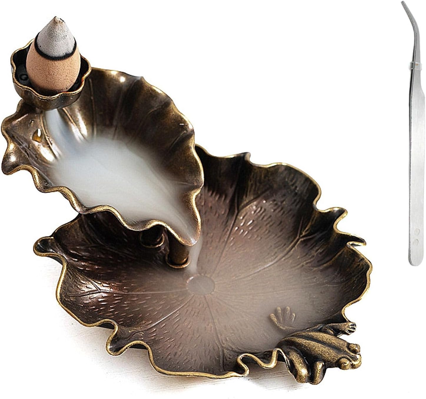 Waterfall Incense Cone Holder with Lotus and Frog Design