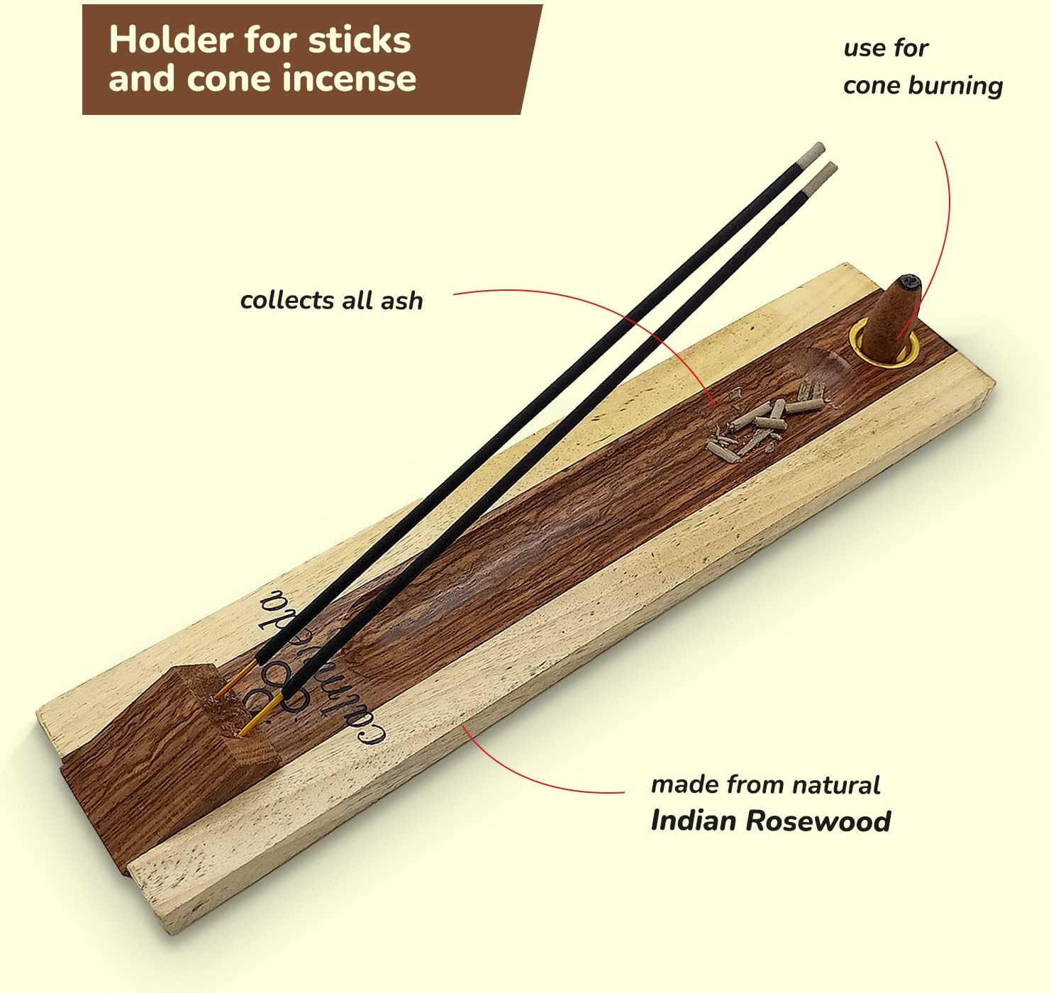 Rosewood Incense Holder for Sticks - 11 Inch Dual Burners with Cone Holder