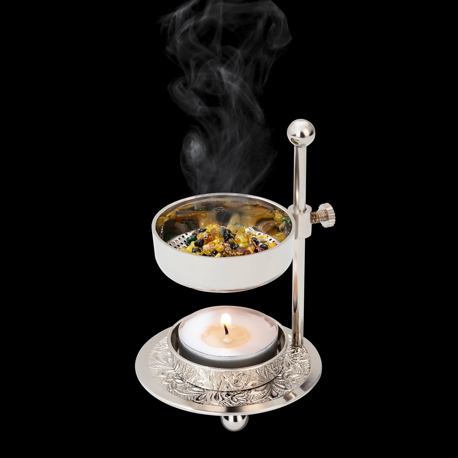 Premium Handmade Nickel-Plated Brass Incense Burner with Adjustable Height 433 Inch - Includes Screen and Tealight
