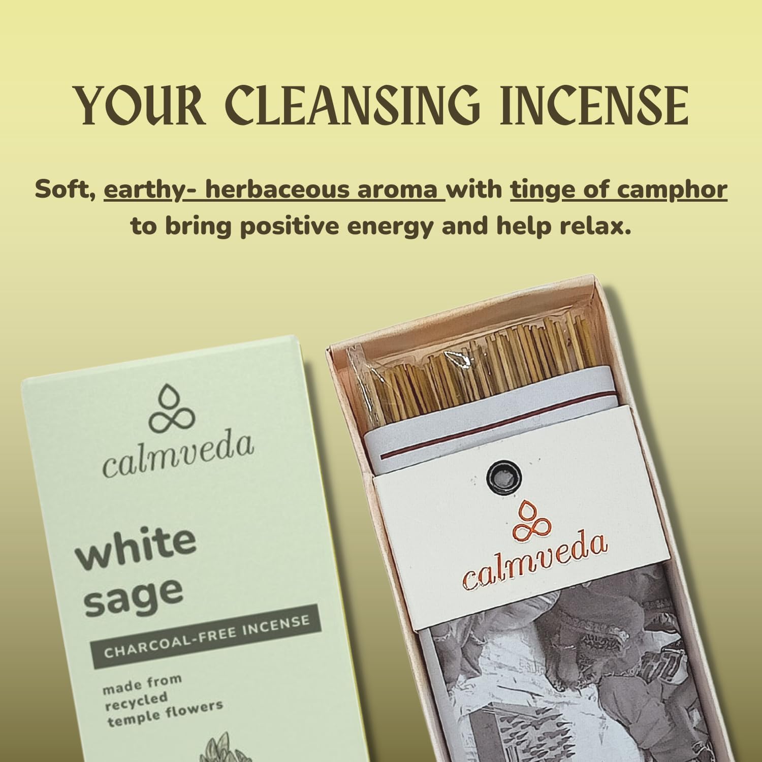 White Sage Incense Sticks - 80 Pack Charcoal Free Upcycled Flower Made Cleansing Protection