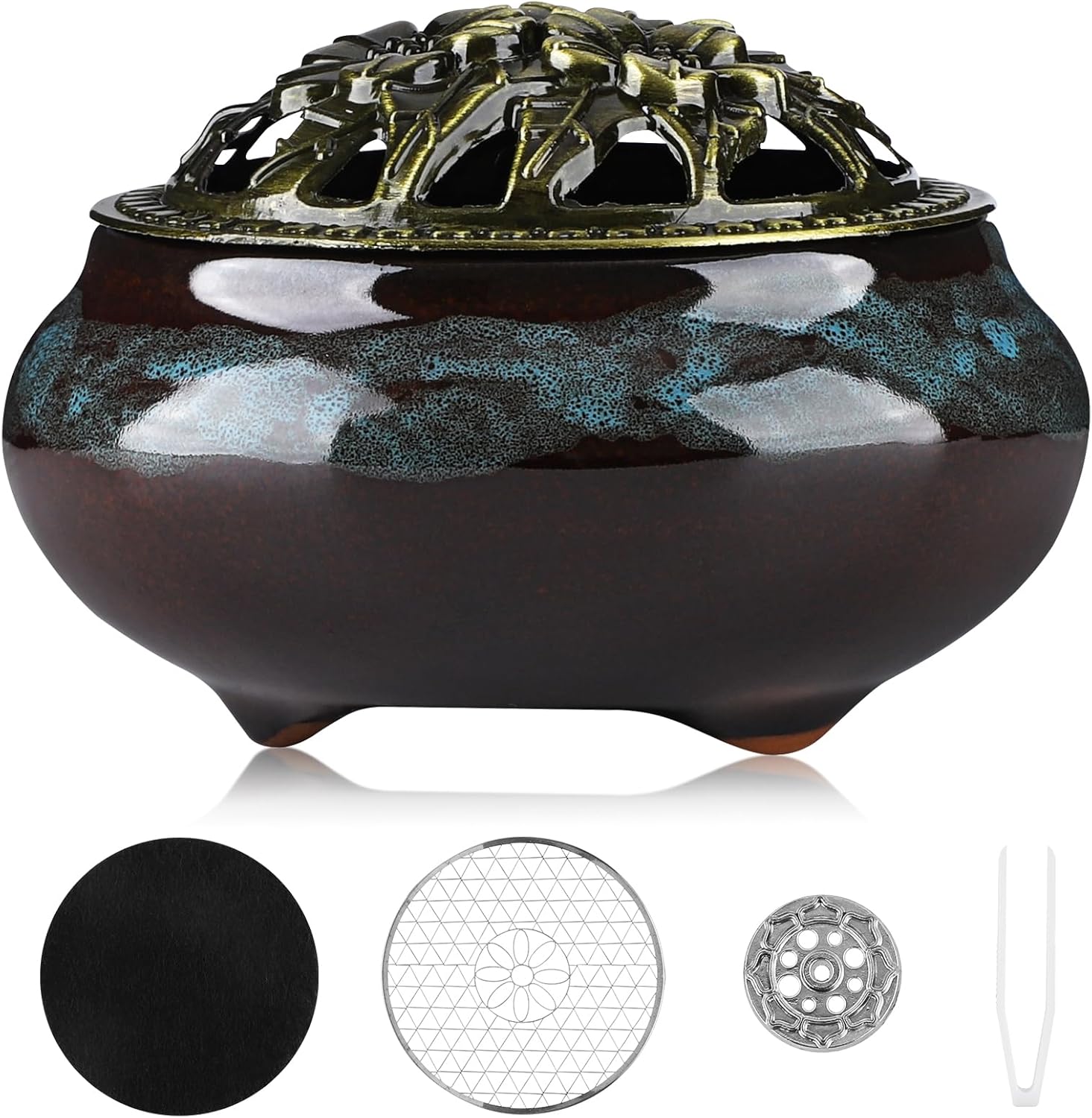 Handmade Ceramic Incense Burner with Metal Lid - Fambe Blue