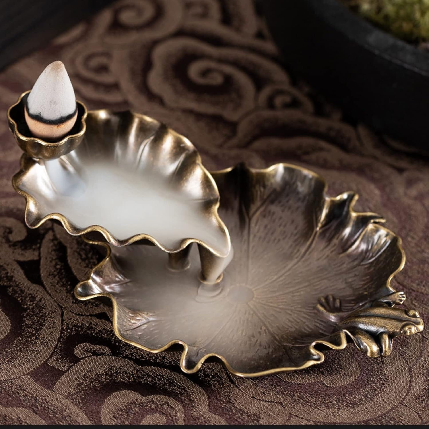 Waterfall Incense Cone Holder with Lotus and Frog Design