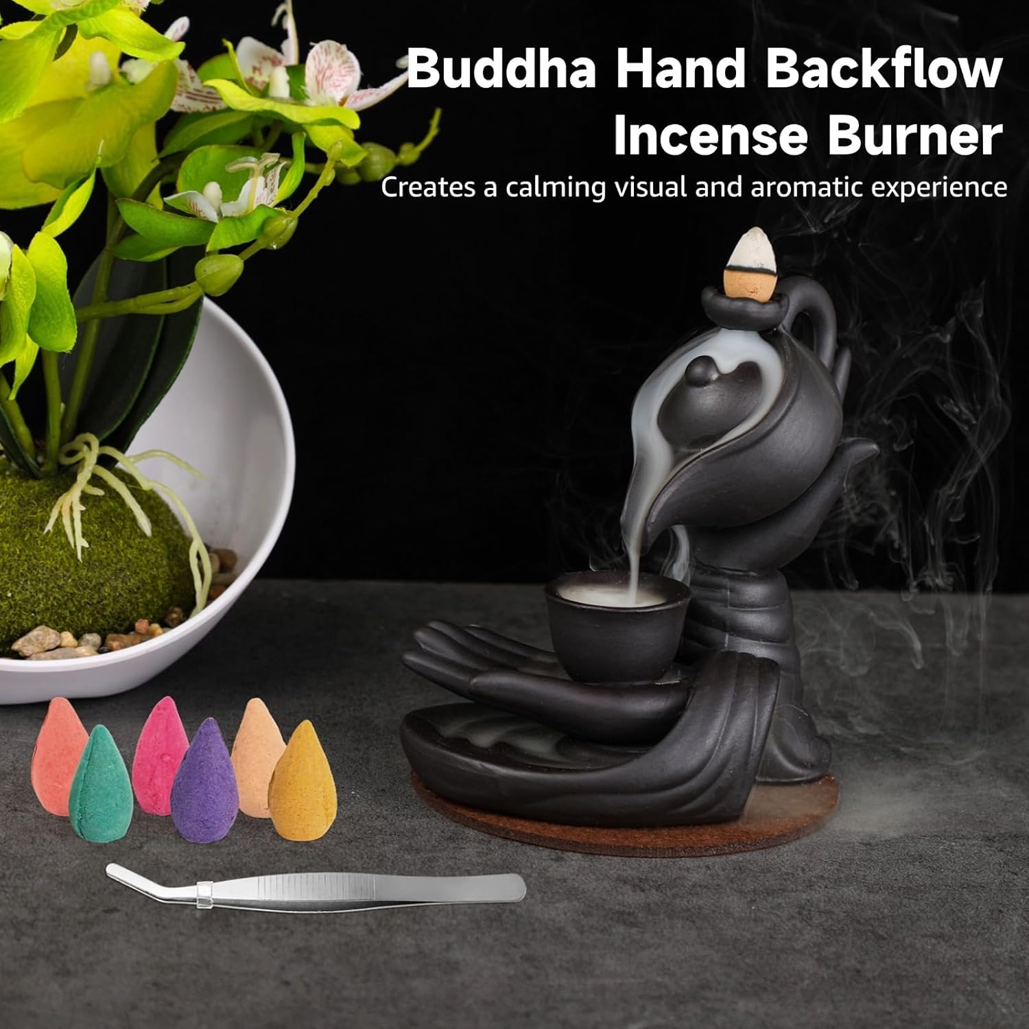 Buddha Hand Incense Burner Set with 100 Cones and Accessories