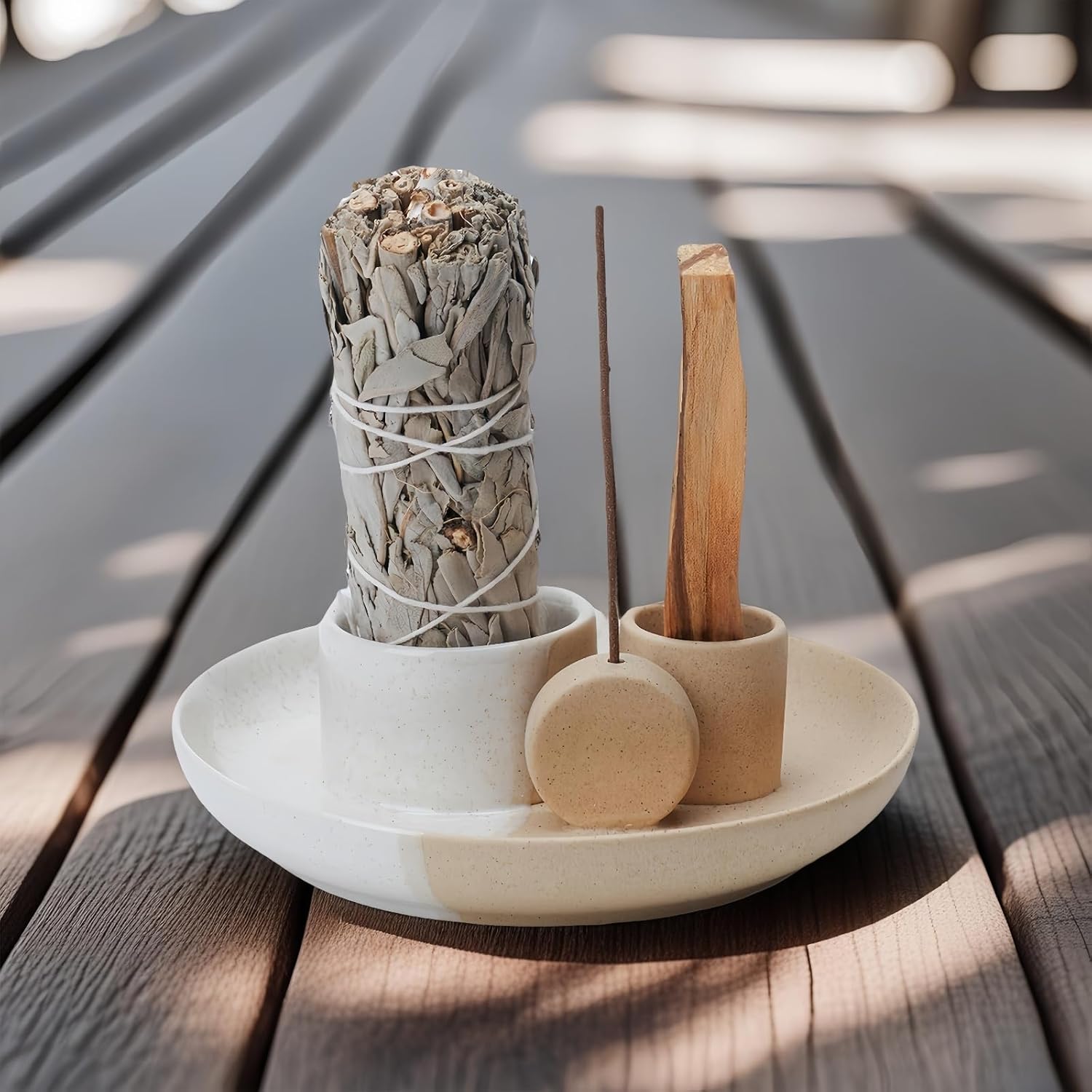 4 in 1 Incense Holder with Ash Catcher Tray - White Sand Ceramic Design