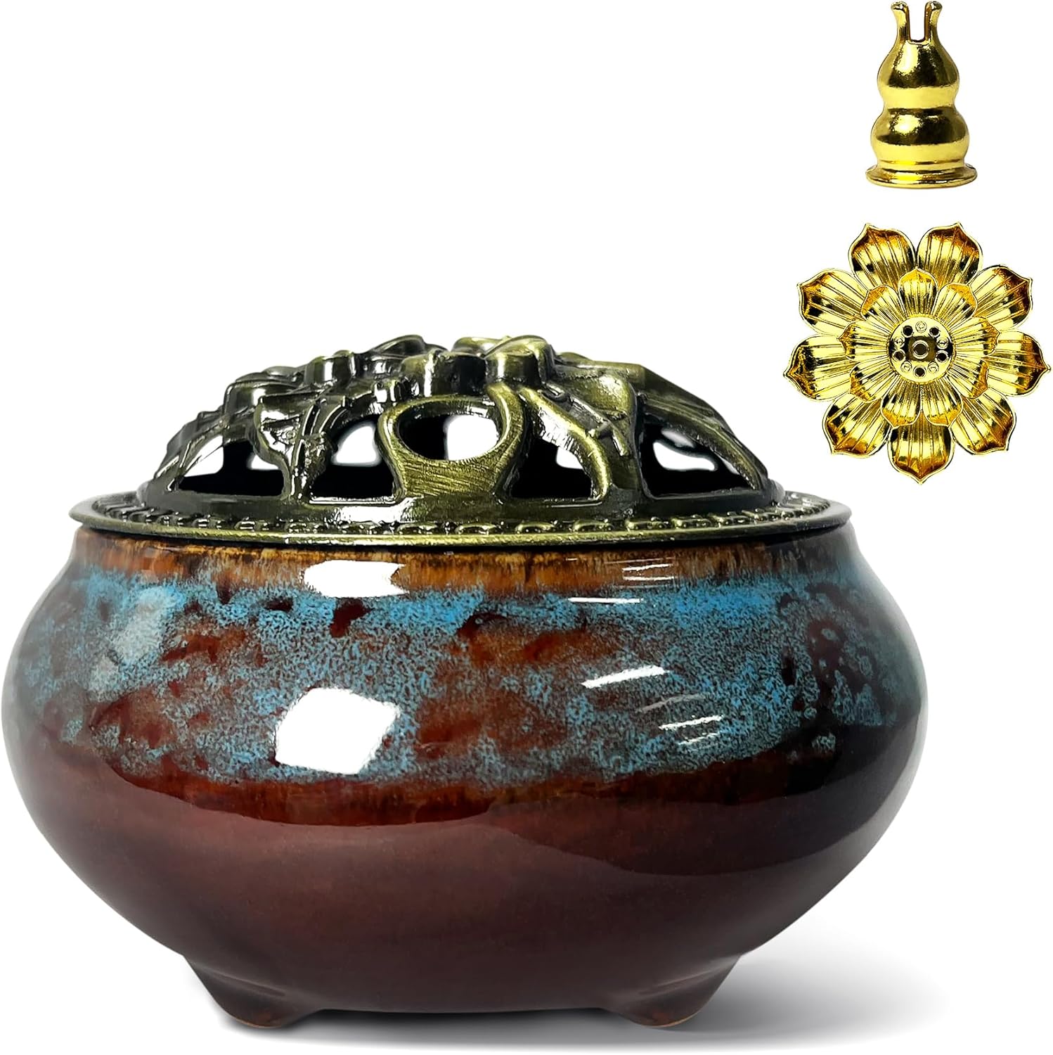 3PC Ceramic Incense Burner with Brass Lid Fambe Blue