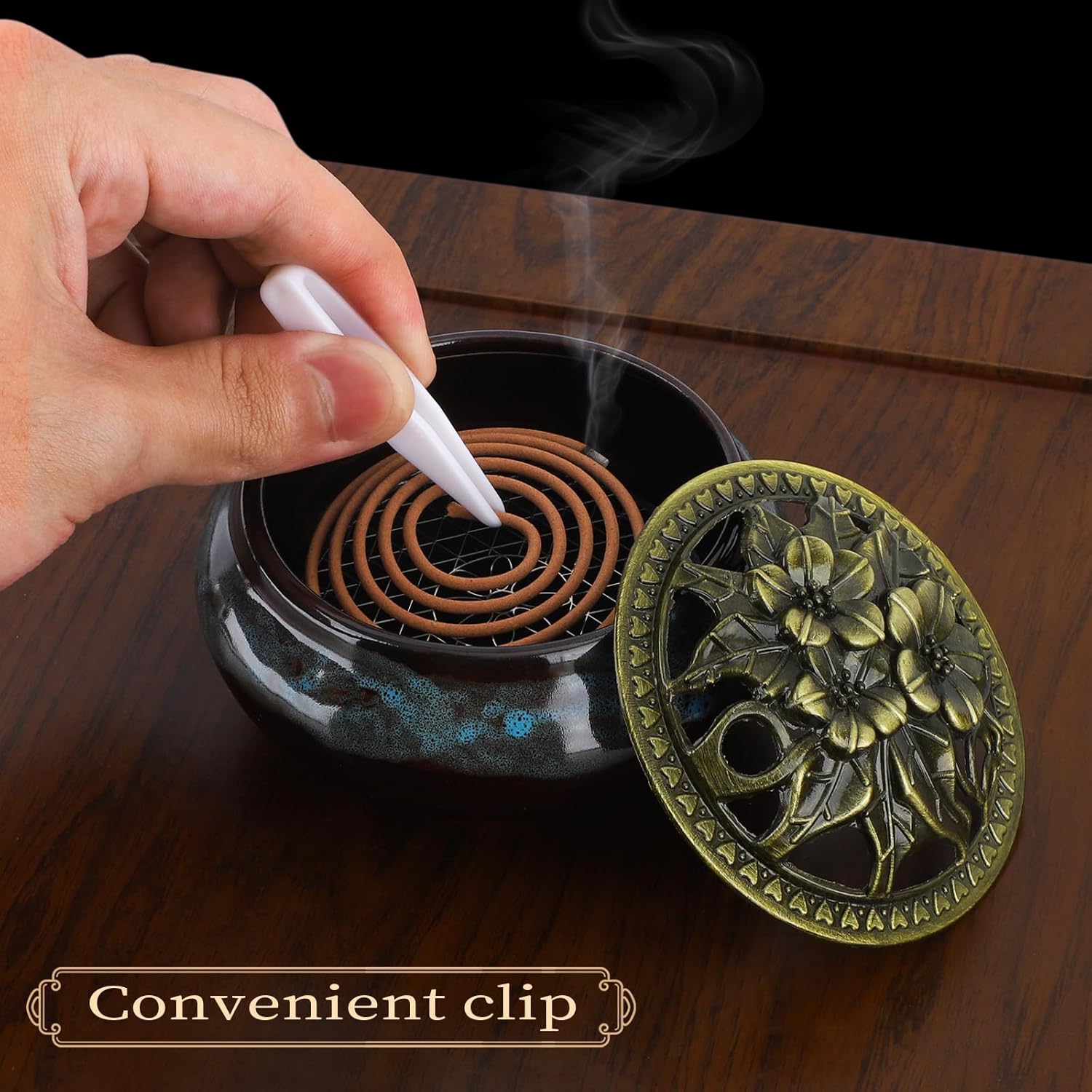 Handmade Ceramic Incense Burner with Metal Lid - Fambe Blue