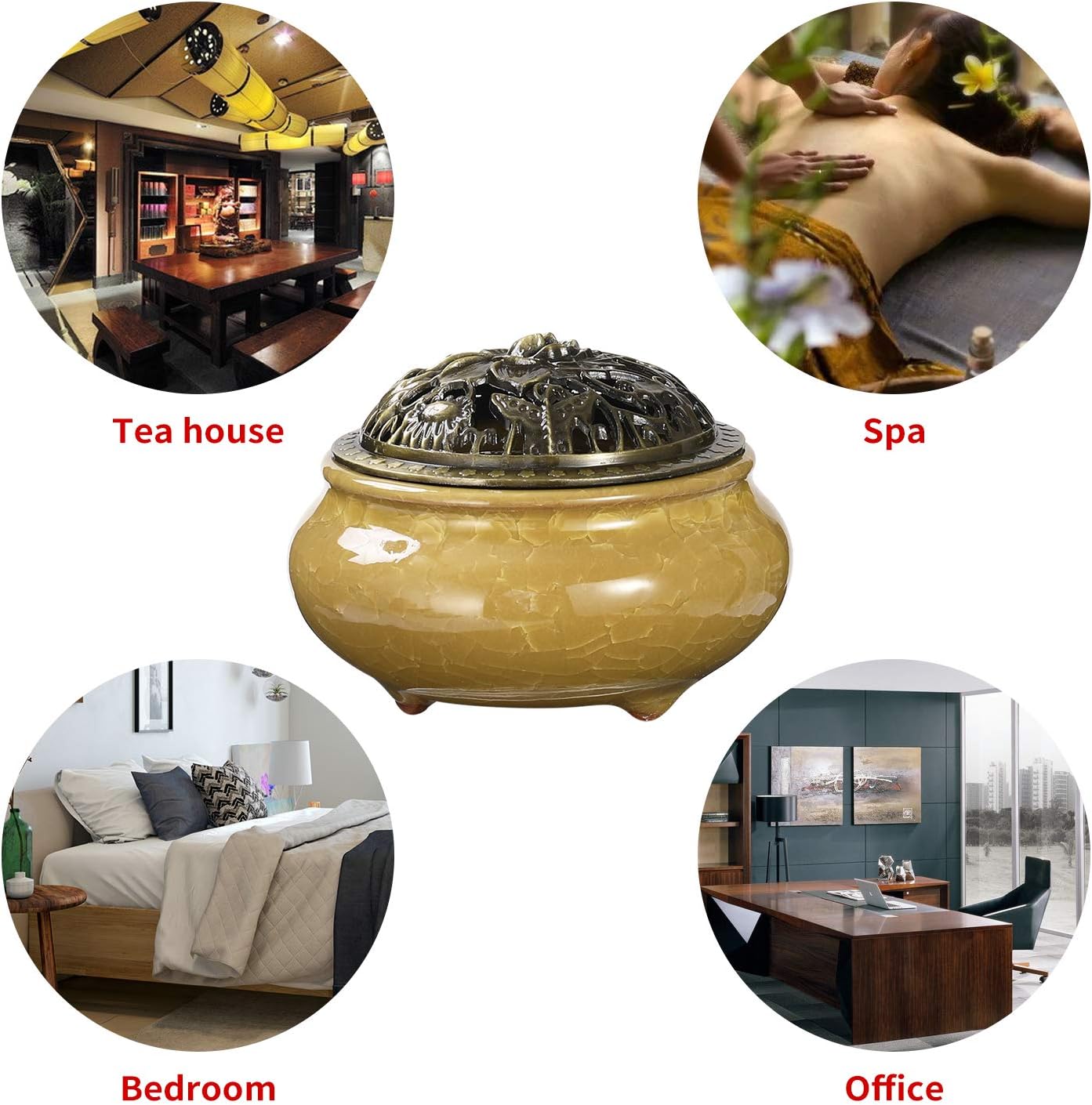 Miupoo Yellow Ceramic Incense Burner with Brass Holder