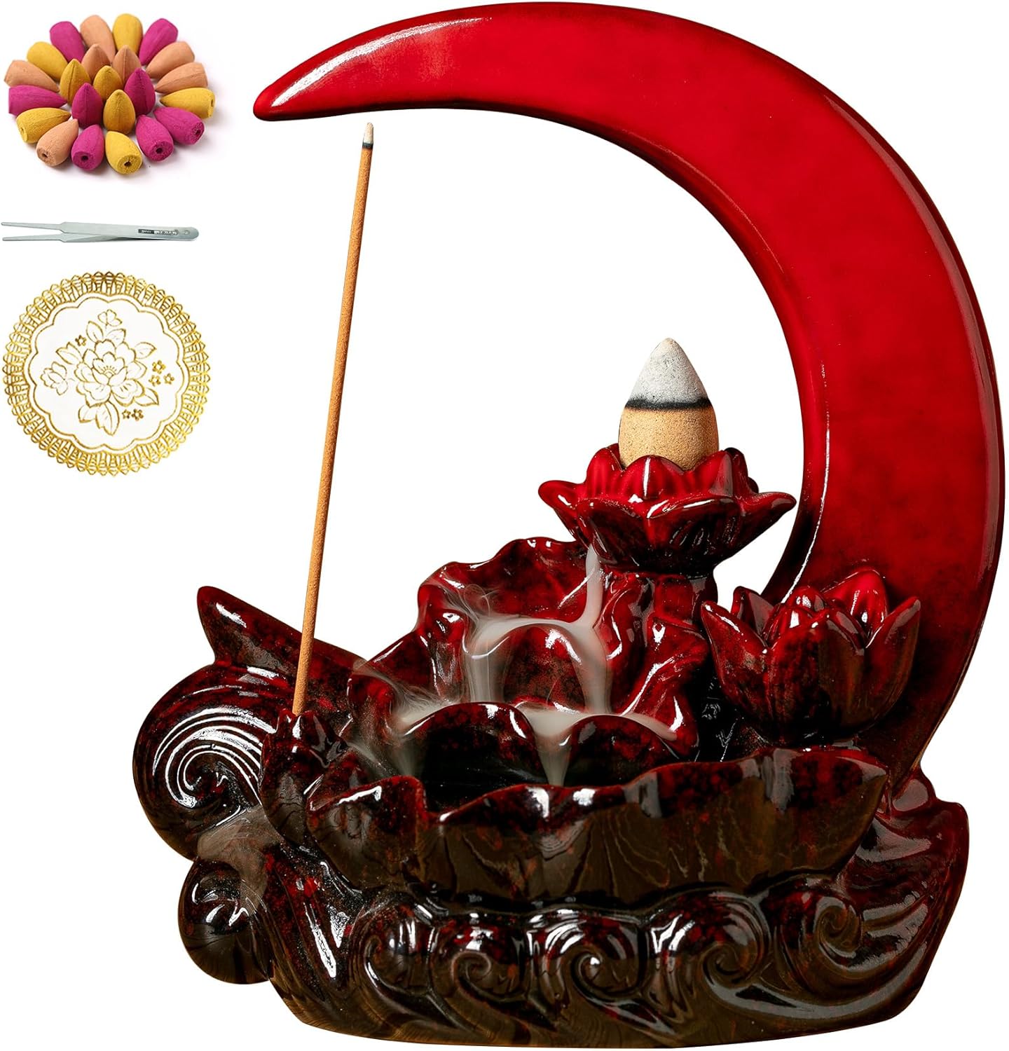Moon Incense Burner with 60 Cones and 30 Sticks Red