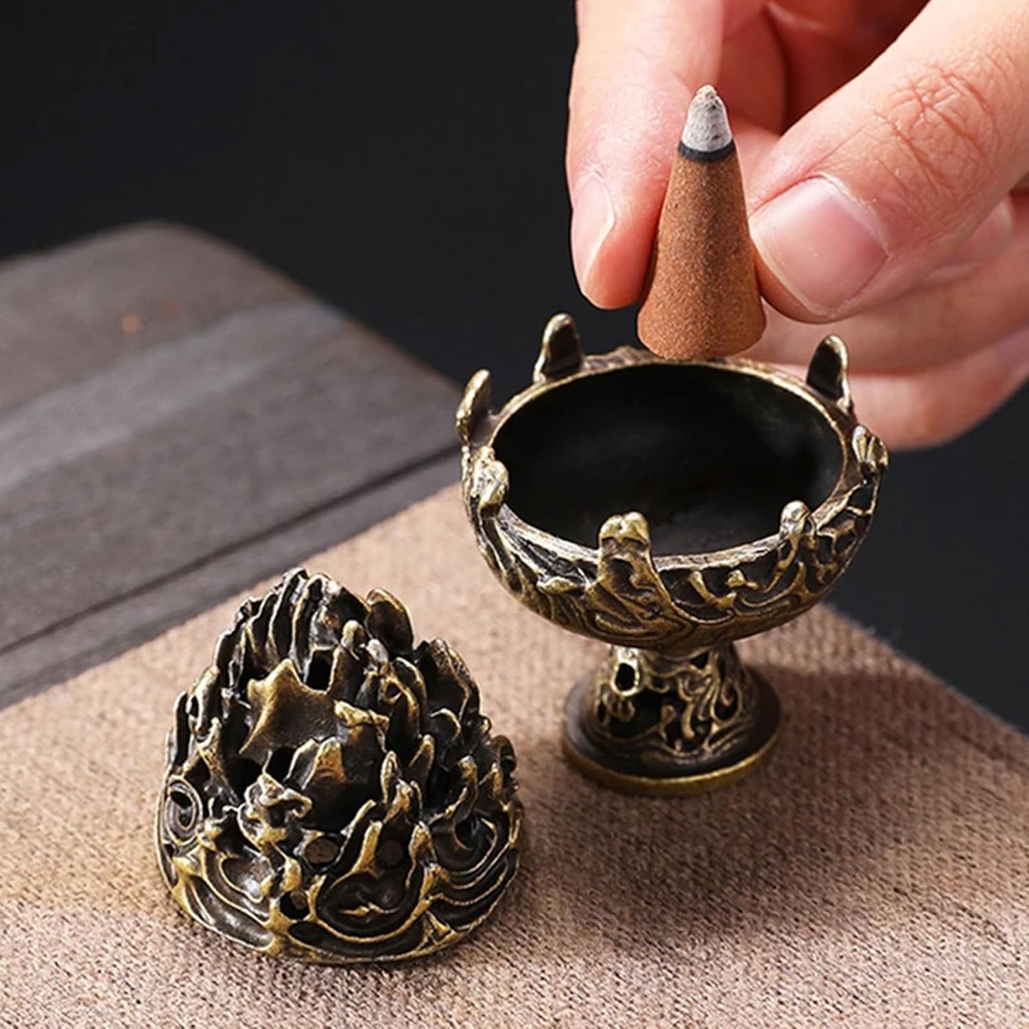 3PCS Mini Brass Lotus Incense Holder Set for Home Office Decor