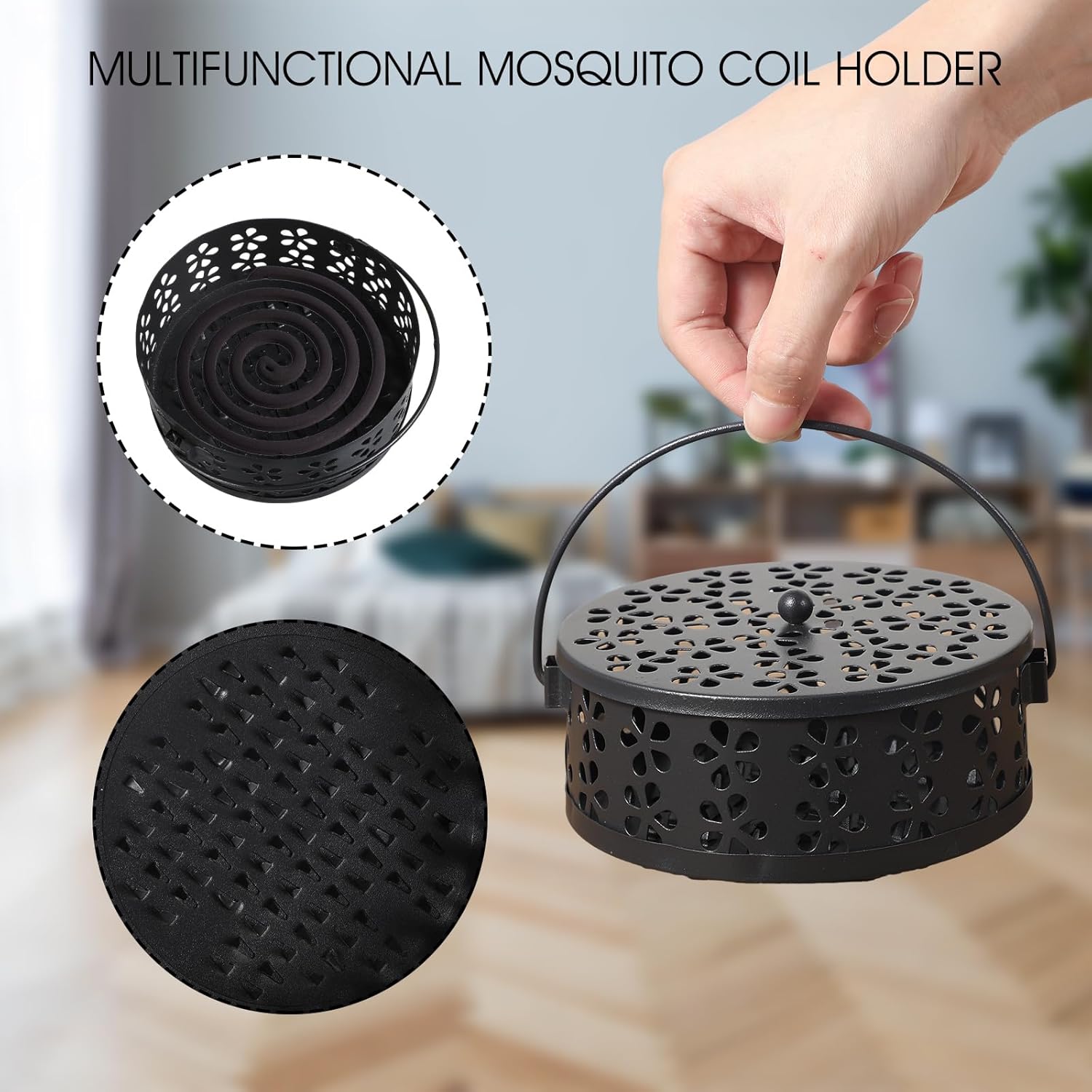 Tobeelec 4 Pcs Mosquito Coil Holder Outdoor Metal Incense Burner Holder with Handle Black Round Design