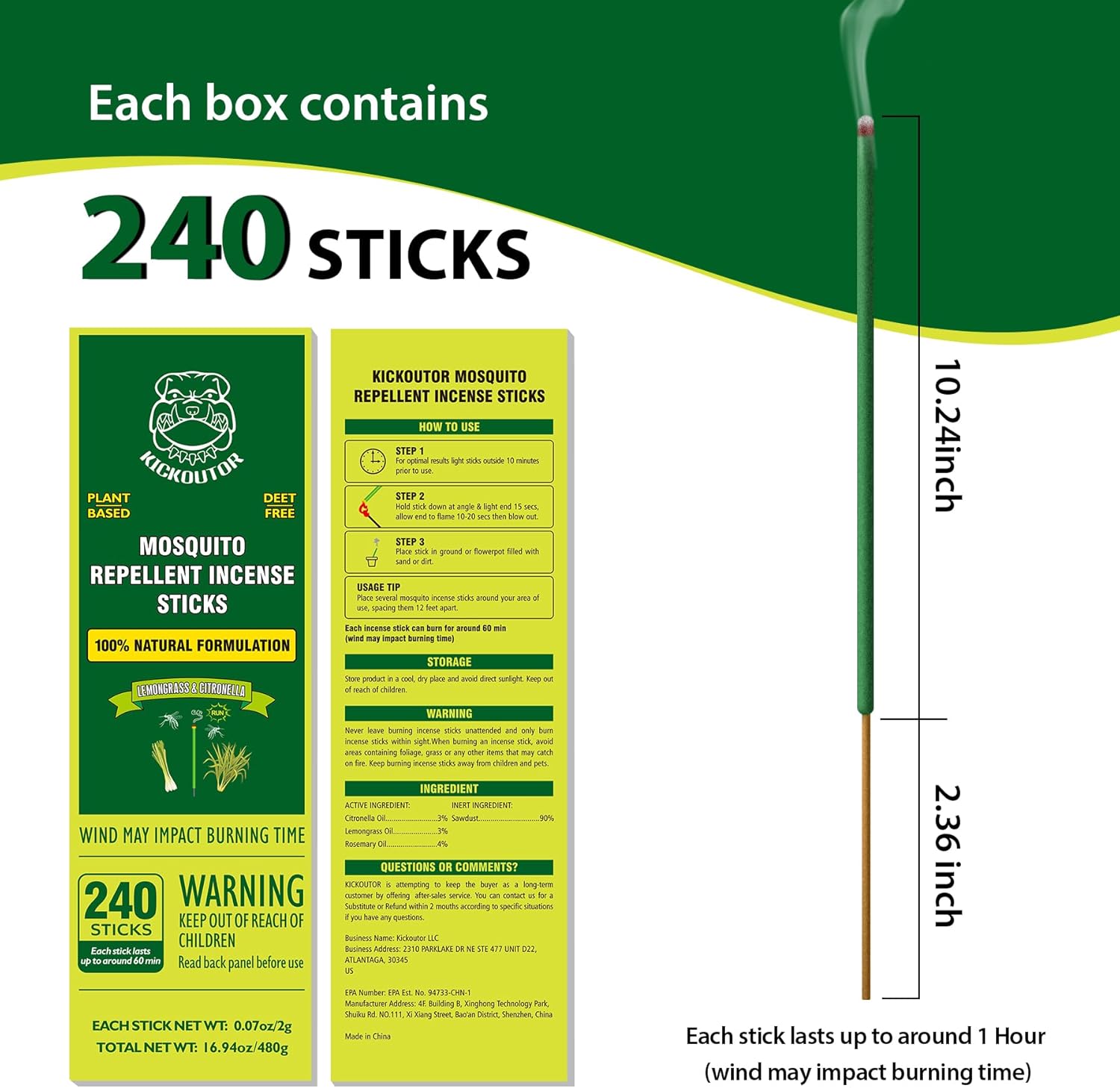 KICKOUTOR 240PCS Natural Citronella Incense Sticks Mosquito Repellent