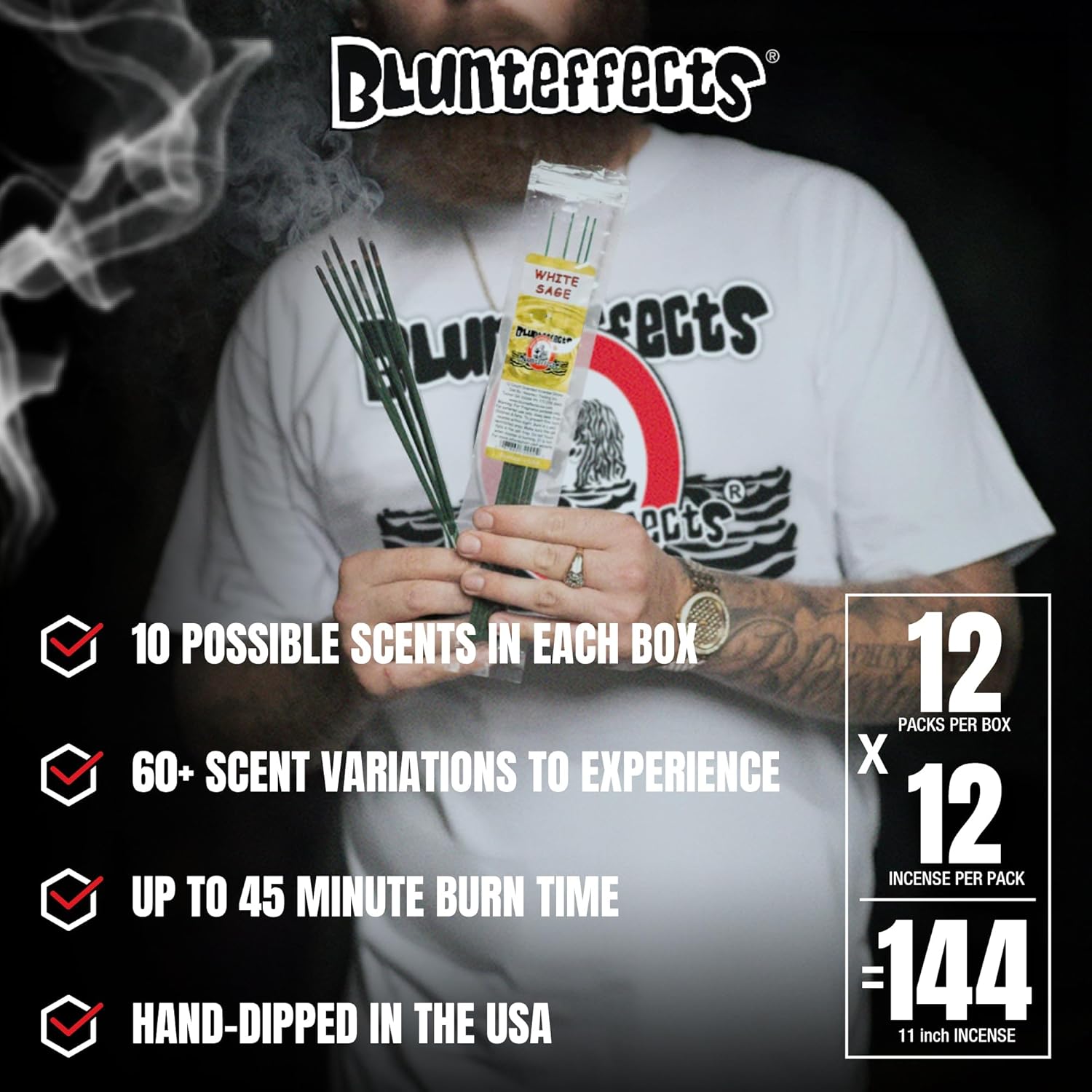 Blunteffects Hand-Dipped Incense Sticks - 144-Pack Variety Set with 12 Scents