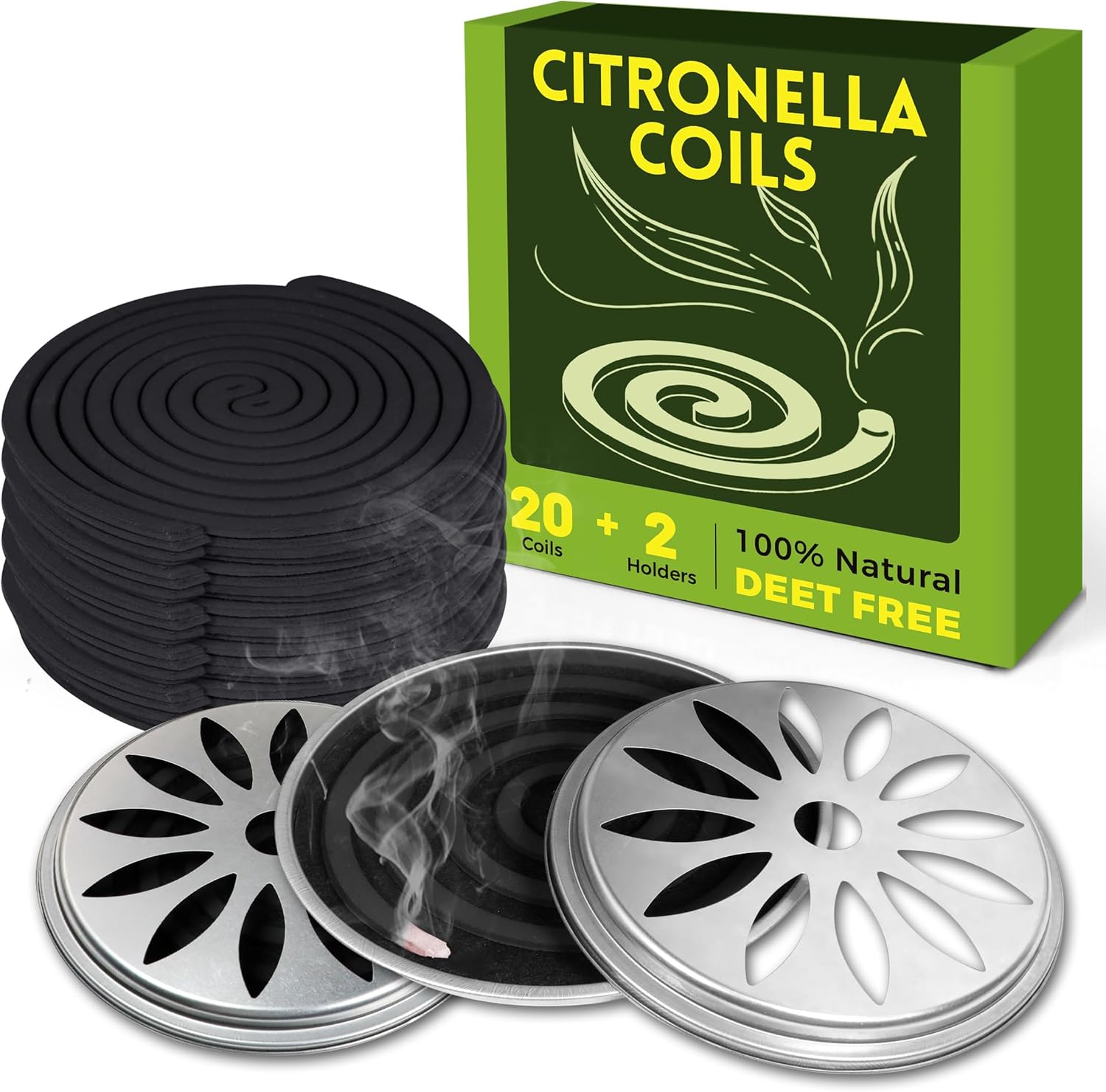 LASENTEUR Citronella Incense Coils 20 Pack with 2 Metal Trays