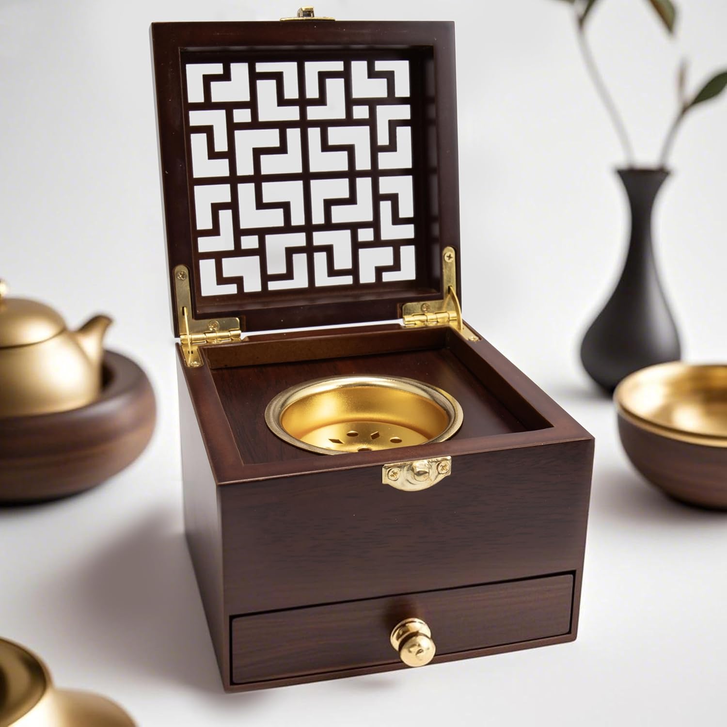 Nazareth Store Wood Incense Holder with Brass Inlays