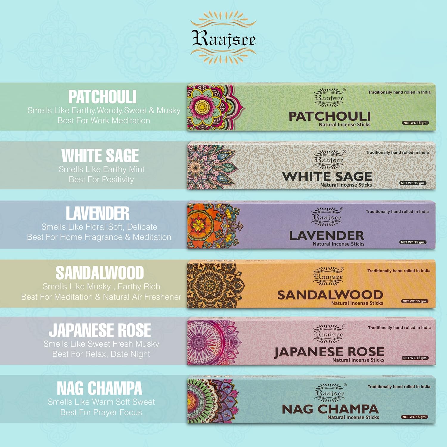 Raajsee Natural Incense Sticks 6 Pack Mixed Scents