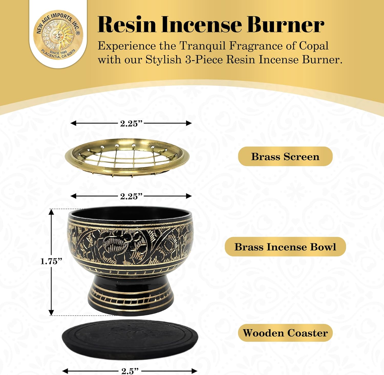 India Small Decorated Brass Incense Burner with Wooden Coaster